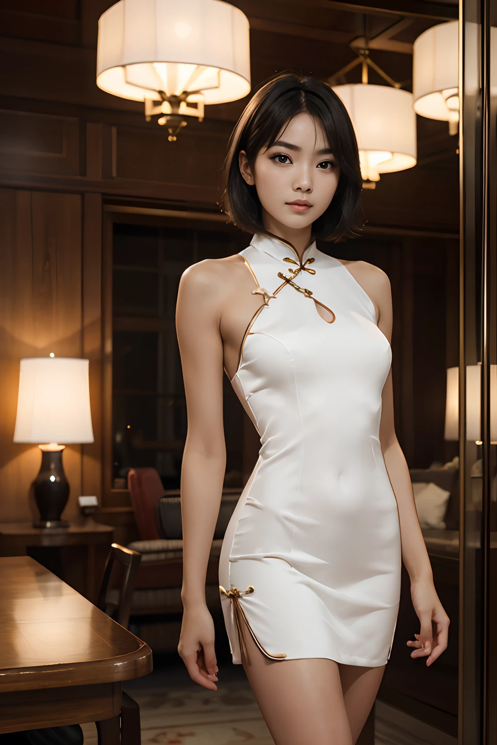 1girl, elegant girl, (((shorth hair))), light cheongsam, mini dress, tight dress、(​masterpiece, top-quality, Near and far law), beautiful expression, 8k, Raw foto, nffsw, Photorealsitic, perfect body, sensual pose, film grains, chromatic abberation, hight resolution, Ultra-detail, finely detail, Dynamic Lighting, Dramatic Lighting, shadowy、extremely detailed eye and face、Beautiful legs、Beautiful feet、Standing、Luxurious room, beautiful hands,