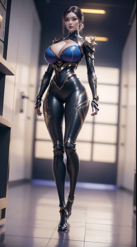 (1GIRL,SOLO:2), (super detailed face), ((BIG BUTTOCKS, HUGE FAKE BREASTS:1.5)), (CLEAVAGE TOP:1.5), (11 LINE ABS FEMALE:1.4), (MECHA GUARD ARM:1.4), ((WEAR PURPLE BLUE MECHA CYBER BREASTPLATE ARMORED, BLACK MECHA SKINTIGHT SUIT PANTS, MECHA GUARD ARMOR LEG...