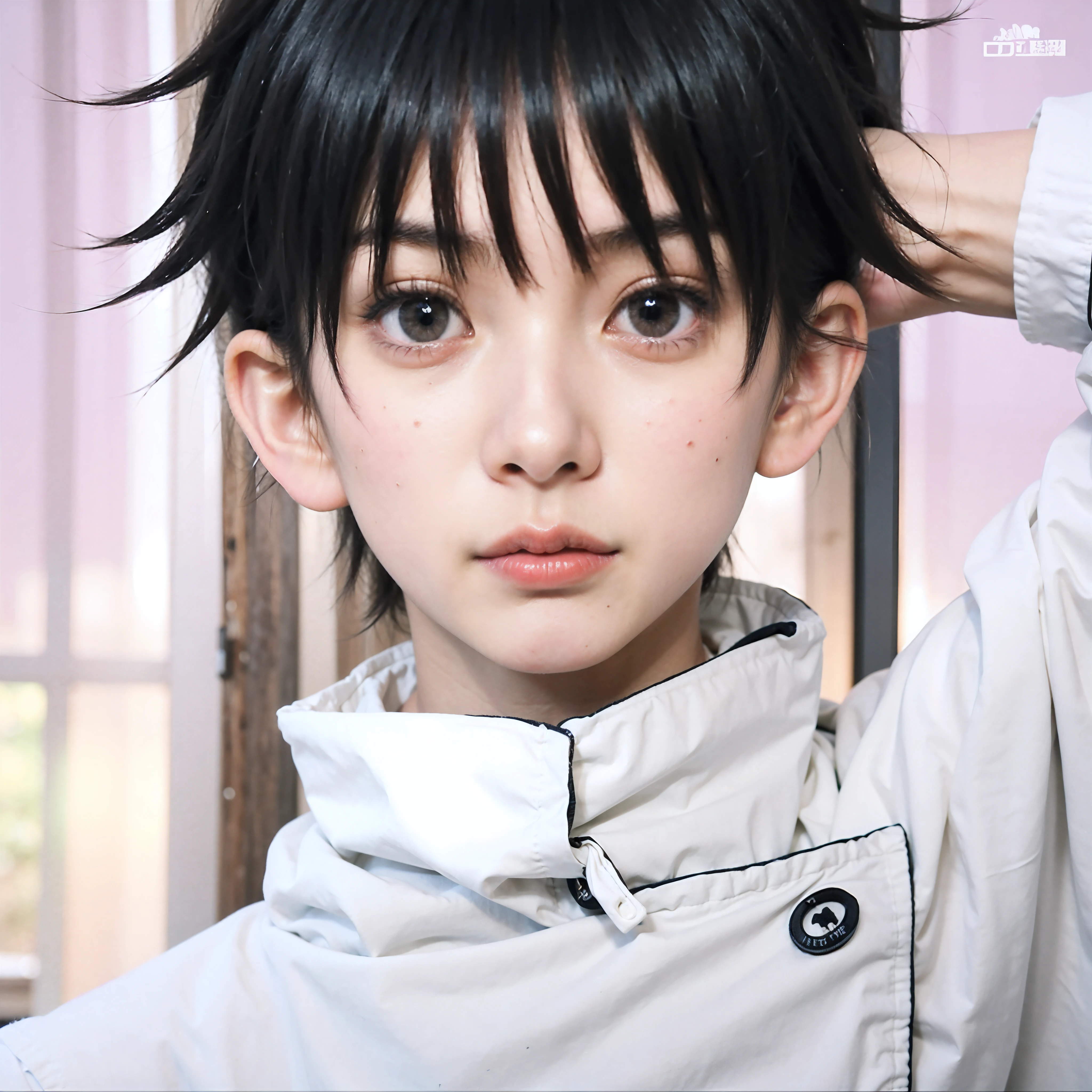 A boy with black hair and white shirt posing for a picture, with shocked expression, yuuta okotsu from Jujutsu Kaisen, High quality image, masterpiece, detailed hair texture, detailed skin texture, detailed cloth texture, 8k, add fabric details, ultra detailed skin texture, ultra detailed photo, skin pores, cloth details, high skin details, realistic hair details