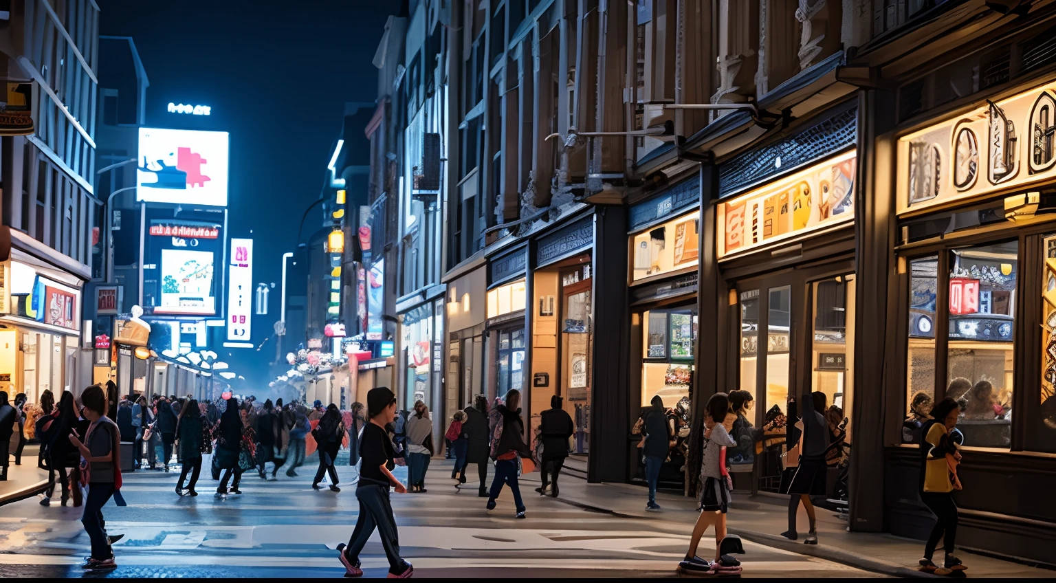 People walking on a city street at night with a lot of signs - SeaArt AI