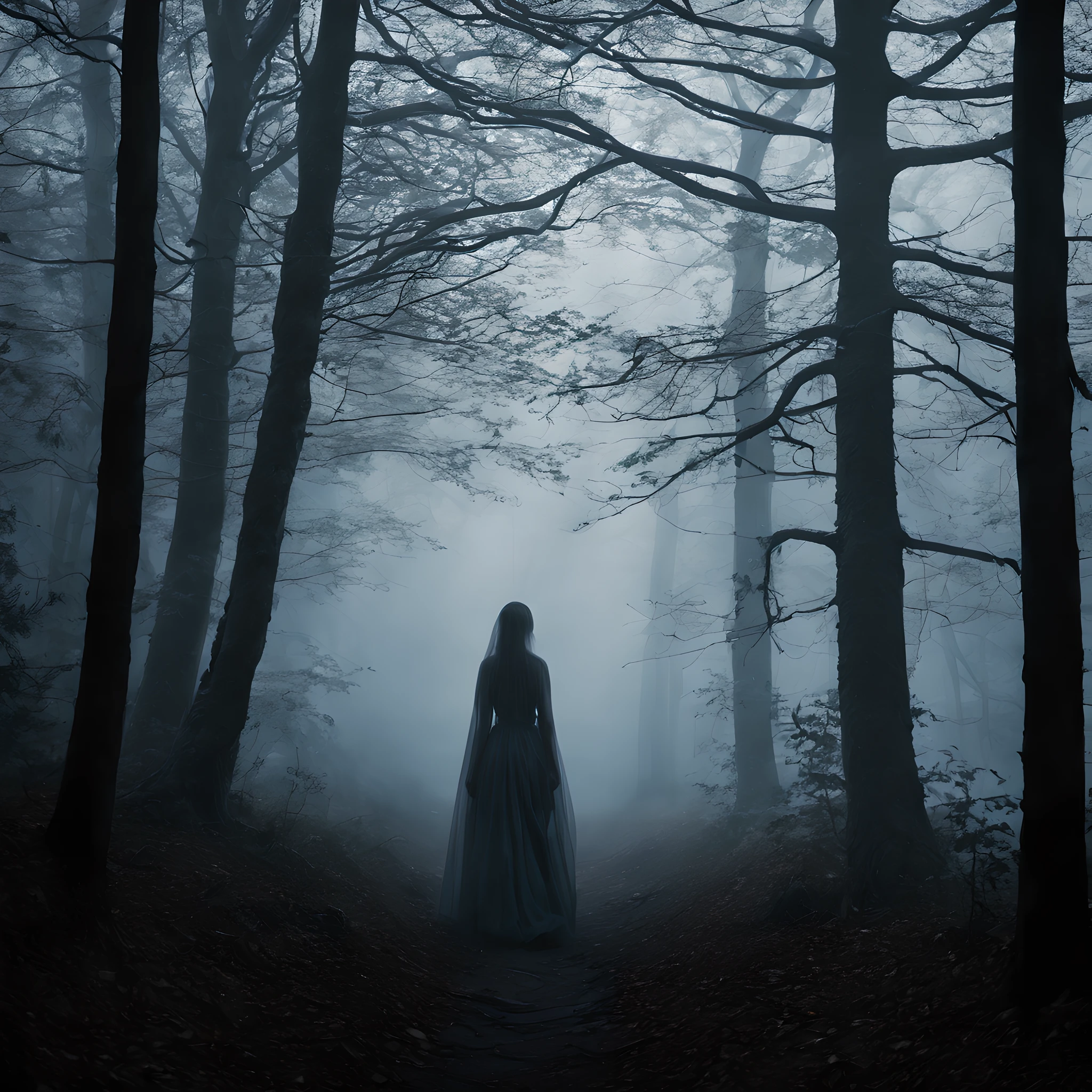 Create a mesmerizing image set in a dim, unsettling forest where a ...