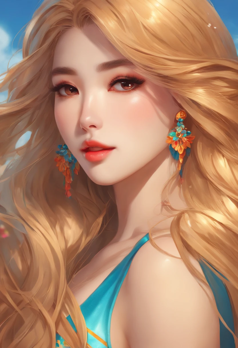 (best quality,4k,highres:1.2), beautiful detailed eyes,beautiful detailed lips,extremely detailed face, long eyelashes, Asian girl with long flowing hair, fair skin, wearing a vibrant swimsuit, looking over her shoulder, with a perfectly sculpted and lifted derriere, in a vibrant and colorful anime style, showcasing her ample bosom, with gorgeous flowing golden hair.