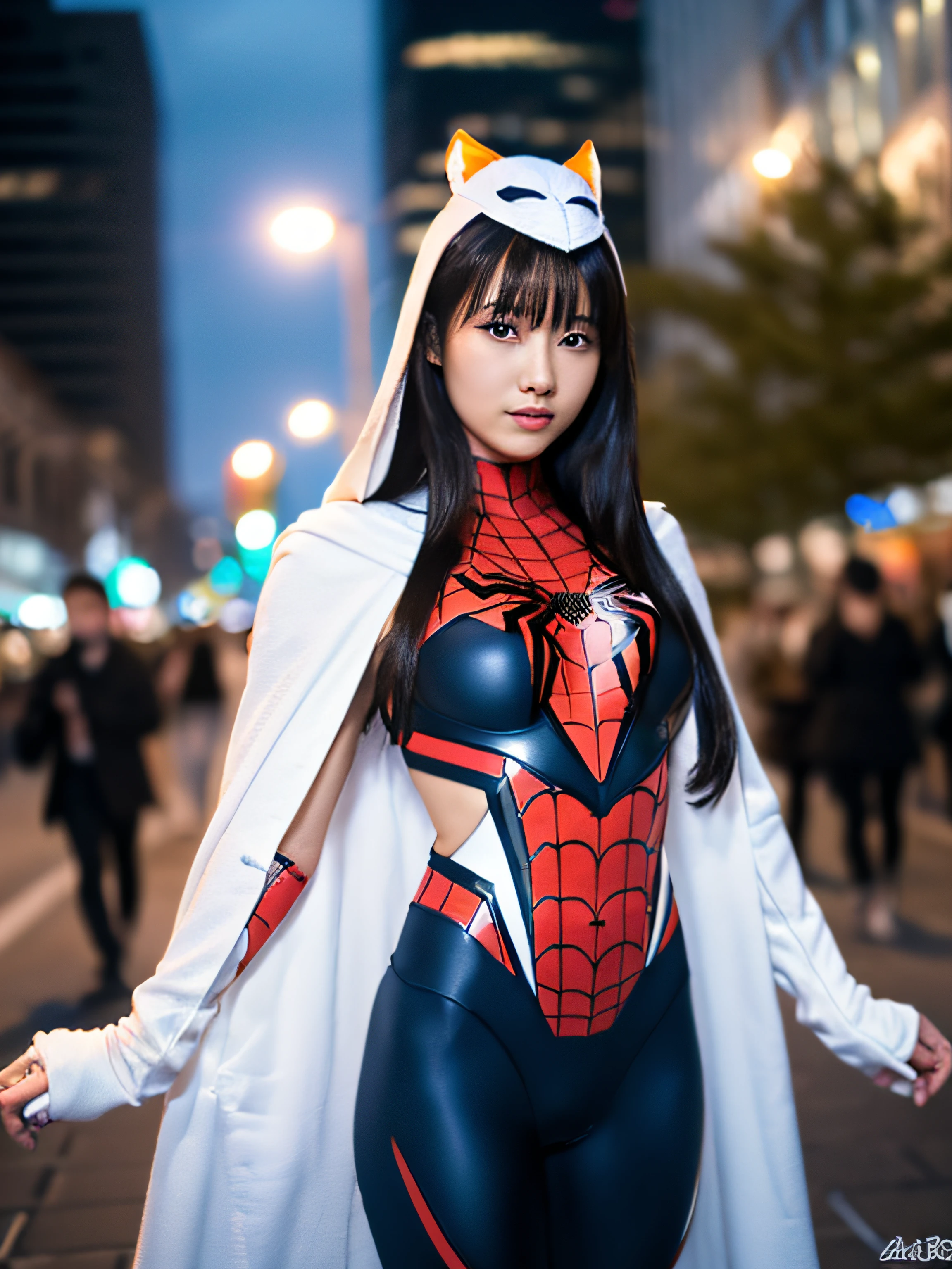 (masutepiece, 4K resolution, Ultra-realistic, Highly detailed), (Superhero theme in white costume, Charismatic, Girl on the street, Wearing a white Spider-Man costume, Superheroine), [((23 years old), (Long black hair:1.2), full bodyesbian, (Blue eyes:1.2), (Spider-Man's Dynamic Pose) ((Rough urban environment):0.8)| (Urban landscape, during night, Dynamic Lights), (fullmoon))]