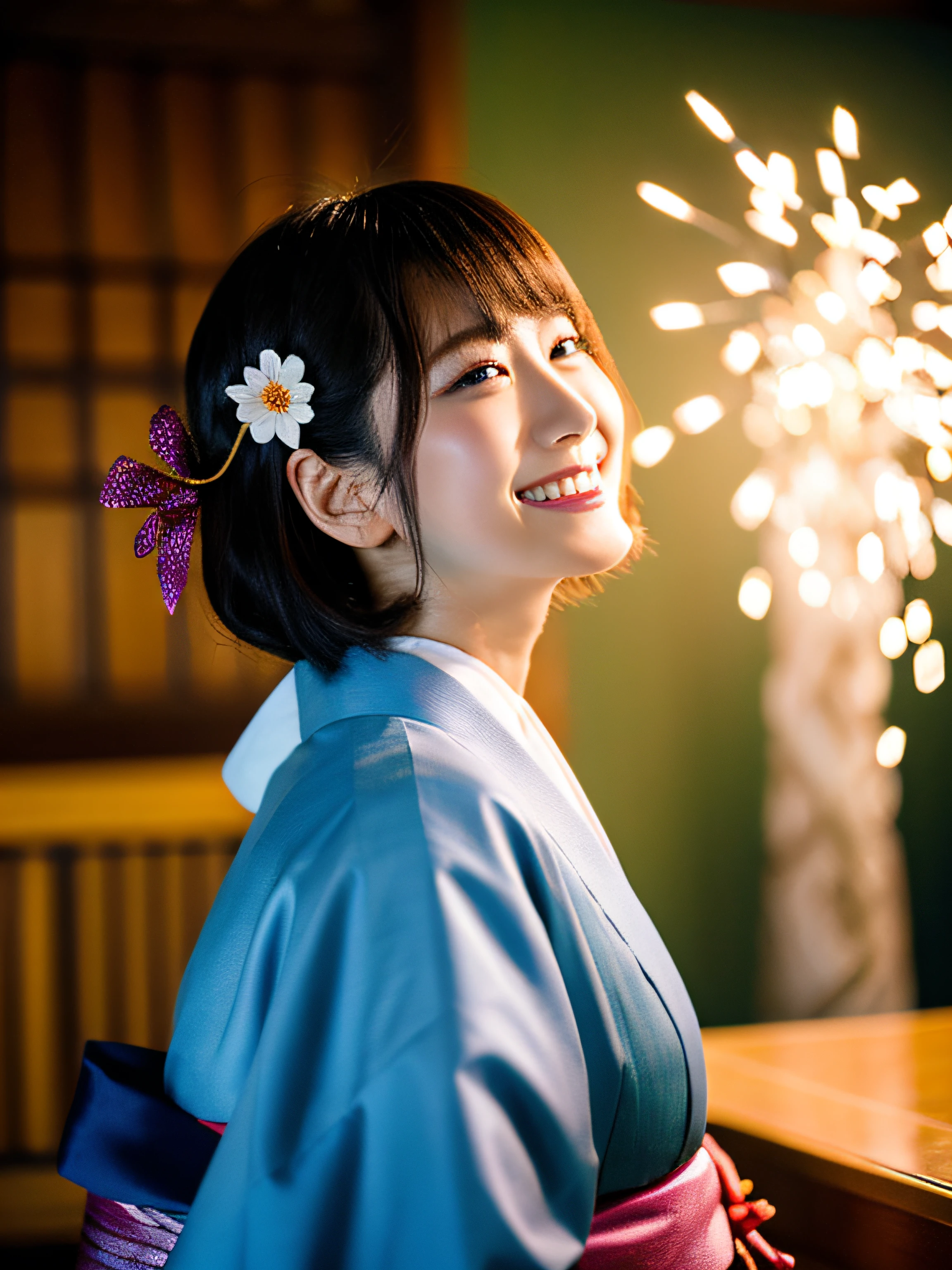 Absurd resolution, High resolution, (masutepiece: 1.4), super detailed, (1 woman: 1.3), (Solo: 1.4), Fireworks, a short bob, a short bob, Kimono, Looking back, Closing eyes, Smiling, light, Shinkai Makoto style, Super close-up of the face, Ultra-fine illustration, Vivid colors, Cinematic Light, Exciting light production, Attention to detail, Vivid colors, hair pin, Kimono, Large side-breasted, Looking back, Happy, Smile, From below,