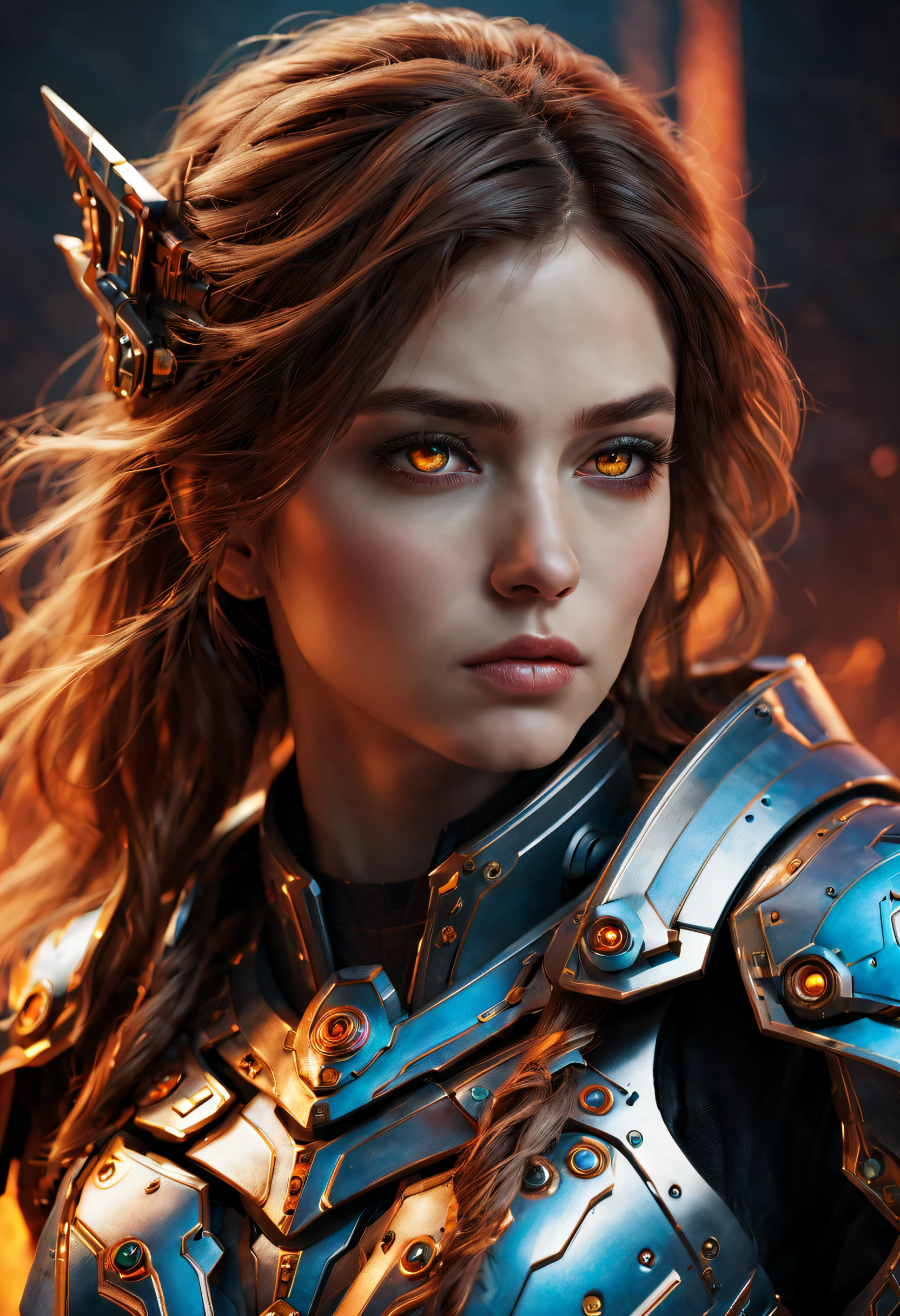 A mech girl with a fierce gaze, wearing a badass armor that emits laser beams. The armor has a frosty and fiery effect, creating a contrasting and powerful visual. The girl's eyes are sharp and piercing, capturing attention with their intensity. The armor is intricately designed, with every detail perfectly rendered to showcase its strength and sophistication. The colors used are vivid and vibrant, adding to the overall impact of the image. The lighting is dramatic, highlighting the intricate details of the armor and creating a sense of depth and dimension. The image quality is of the highest standard, with ultra-detailed rendering, realistic textures, and sharp focus. It is a masterpiece of art, worthy of being displayed in high-resolution formats such as 4k or 8k.