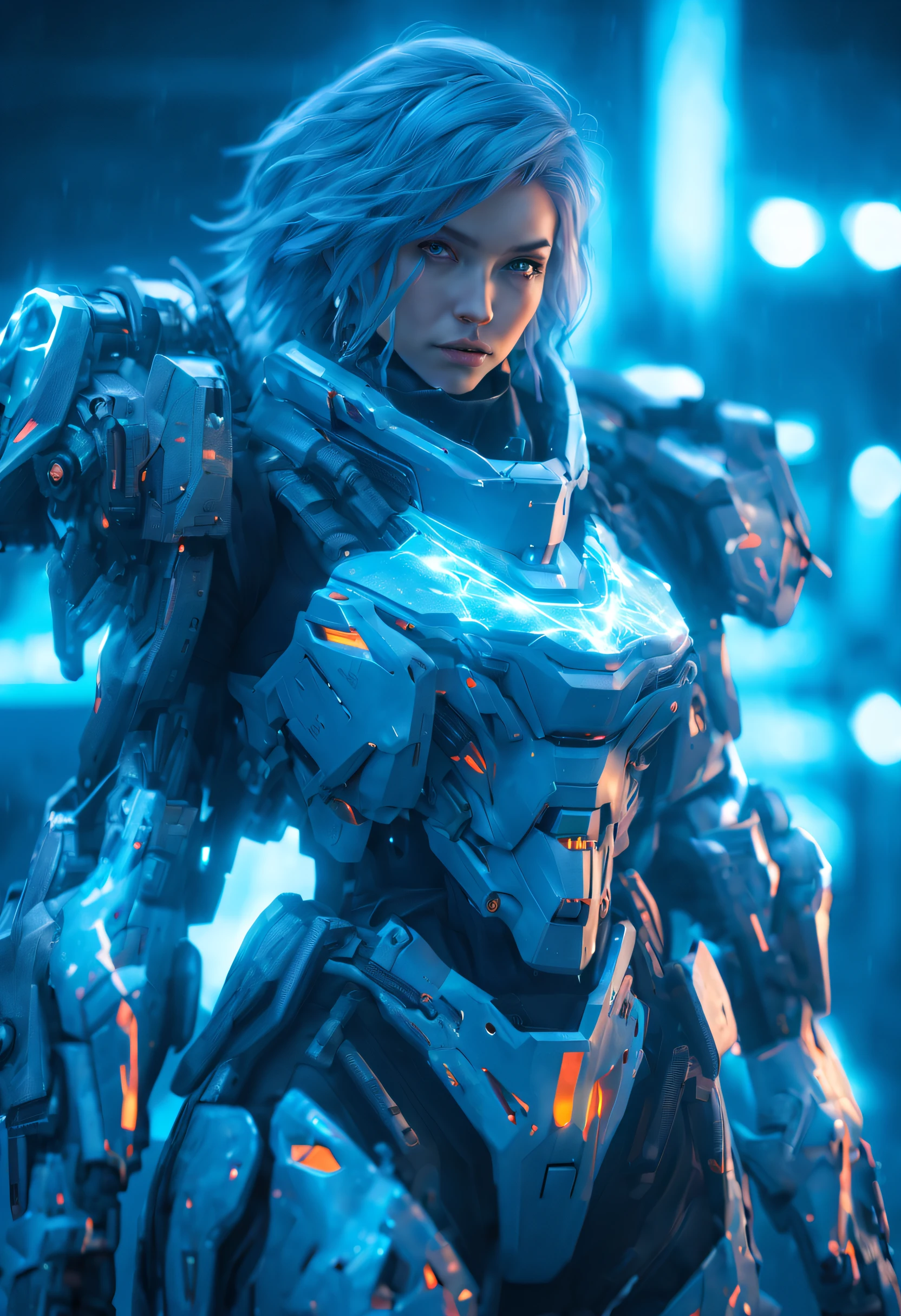 uma garota mecânica, laser, armadura poderosa, Olhar afiado, geada, chamas, detalhes perfeitos, (melhor qualidade, 4K, alta resolução, obra de arte:1.2), Ultra-detalhado, realista:1.37, HDR, iluminação de estúdio, cores vivas, (Ciberpunk, futurista) estilo, esquema de cores azul gelado, Iluminação dinâmica.