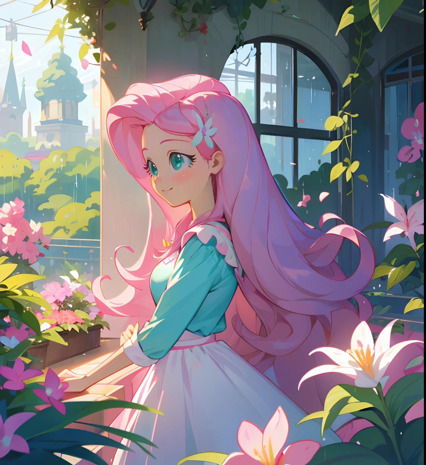 Fluttershy, fluttershy from my little pony, fluttershy in the form of a girl, lush breast, pink long wavy hair, soft smile, flowers, butterflies, (top quality, masterpiece, ultra-realistic), rainy day, raining, indoor botanical garden, dome, lots of flowers, dense mass plants, the background landscape is a garden with petals and puffs flying around, heavenly view, extremely long pink slightly wavy hair