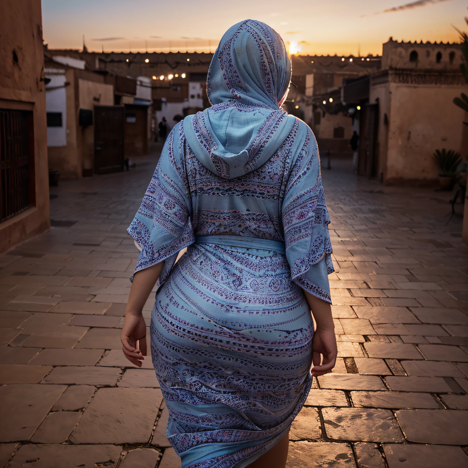 Arafed woman walking down a street in a blue dress - SeaArt AI