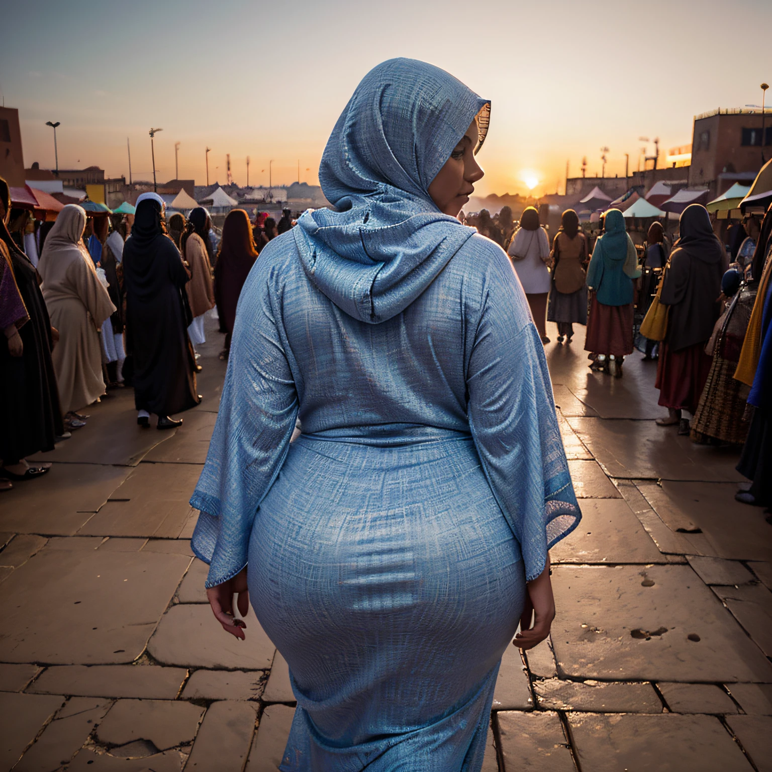 Araffe woman in blue dress walking in a crowded area - SeaArt AI