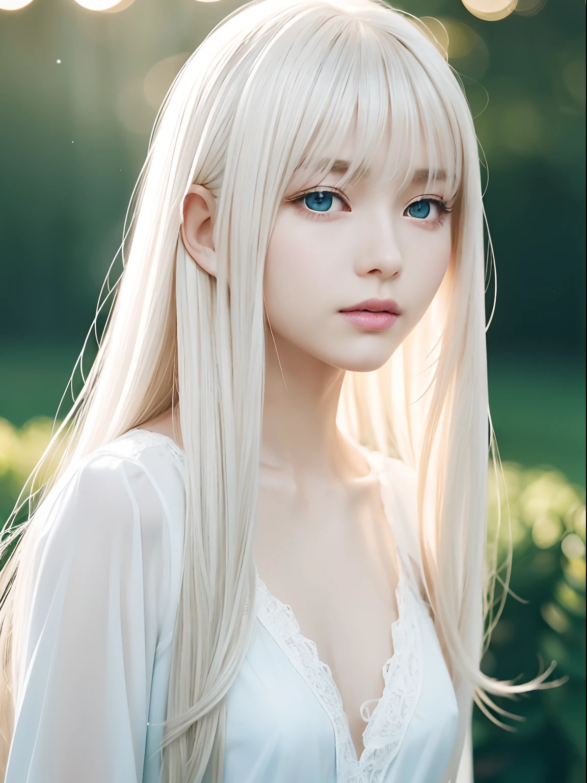 Platinum blonde fine hair、Super Long Straight Silk Hair、disheveled bangs on the face and eyes,,,,,,,,,,,,、big eyes of pale mint blue、Transparent white and wet nightgown、Nordic youth、perfect bodies、White muscle、glowy skin、Glossy face、Young and beautiful skin、Small face beauty、Perfect beautiful little face、Bright makeup、Thin pink lips、bright expression、1 16 year old girl、Unbuttoned shirt、lipsticks、deceptive advertising、{steams}、Viewer Vision、Golden Hour Lighting、Bokeh atmosphere perspective、detaileds、Movie Light、intricate-detail、hight resolution、 Detailed features of face design、high details、Clear focus、SMOOTHNESS、aesthetics、printed、octane、{{​masterpiece}}