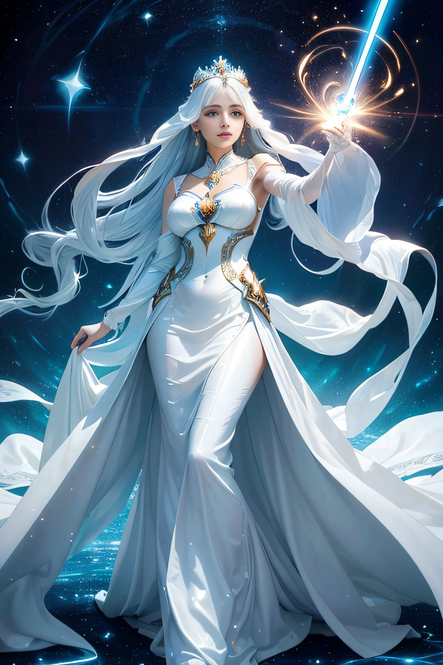 "(Masterpiece, Top Quality, Best, Official Art, Beautiful and Aesthetic, Intense Natural Luminescence: 1.2), Regal Presence, Commanding Aura, 1 Woman, (White Silk Gown Harmoniously Paired with Delicate Light Blue Metallic Armor: 1.3), (((Elegant White Silk Outfit with Fine Light Blue Metal Details))), Full-length Portrait, Wearing a Light Blue Metallic Crown, Right Hand Holding a Light Scepter, Left Hand Elevating a Luminous Orb, (crystallineAI, Light Dominion Theme:1.1), Empress of Light, Pinnacle of Authority, Flowing Lustrous Silk Fabric, Radiating Overpowering Empyrean Energy, Self-illuminating Profoundly, Authoritative Stance, Resplendent Atmosphere,"