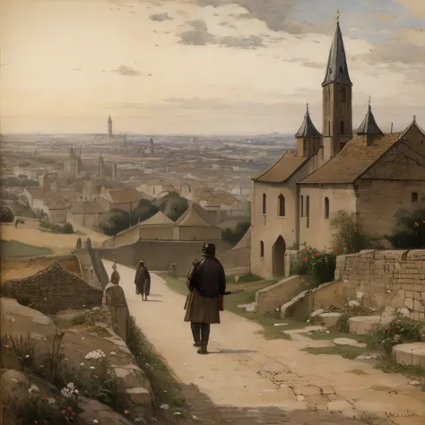 (medieval city in the background, man walking on a path, man going towards the medieval city) (Oil painting) (by Jean-François Millet), (by Gustave Courbet), (by Jules Breton), close up