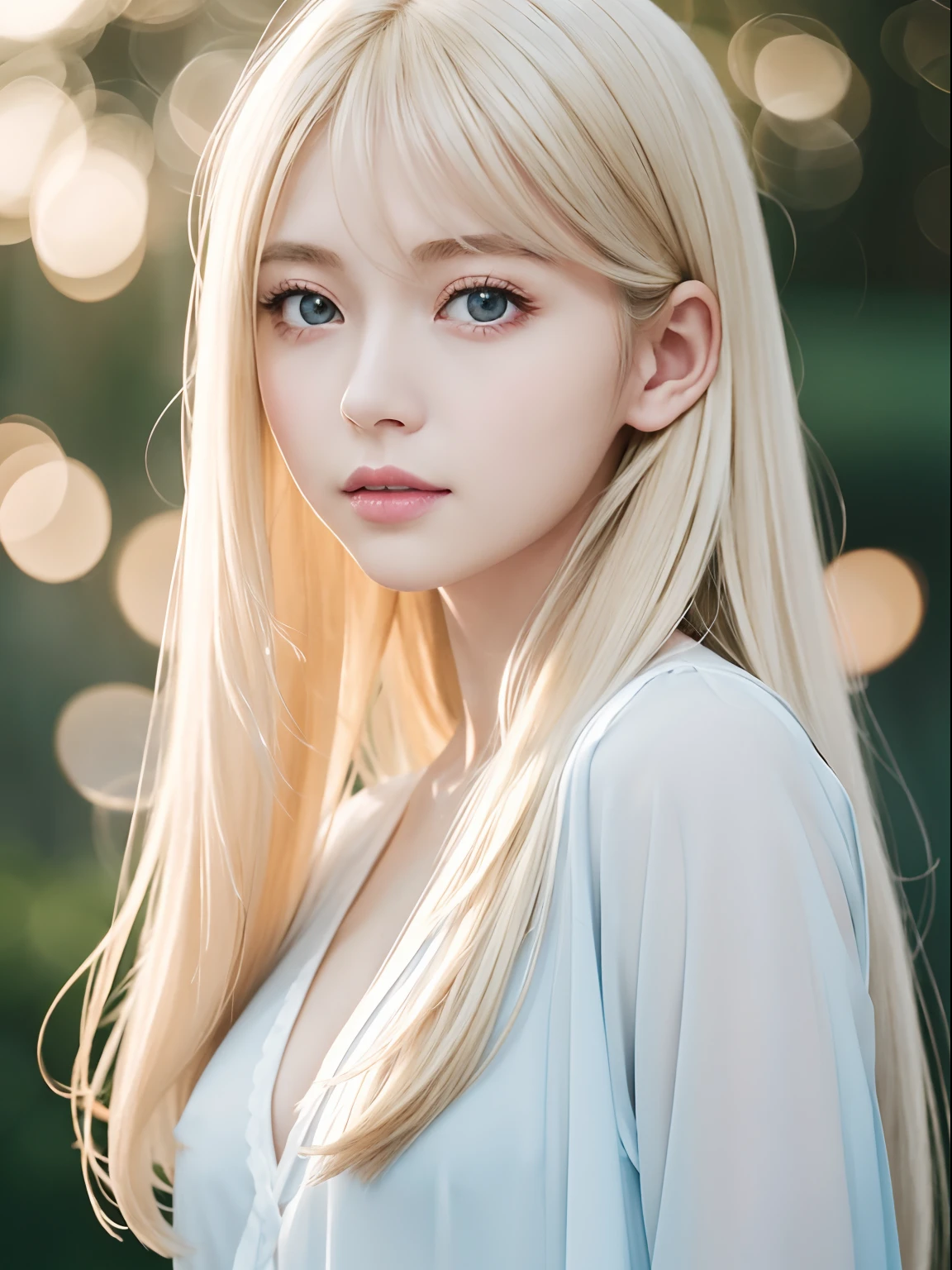 Very beautiful blonde fine hair、Super Long Straight Silk Hair、disheveled bangs on the face and eyes,,,,,,,,,,,,,、big eyes of pale mint blue、Transparent white and wet nightgown、Nordic youth、perfect bodies、White muscle、glowy skin、Glossy face、Young and beautiful skin、Small face beauty、Perfect beautiful little face、Bright makeup、Thin pink lips、bright expression、1 16 year old girl、Unbuttoned shirt、lipsticks、deceptive advertising、{steams}、Viewer Vision、Golden Hour Lighting、Bokeh atmosphere perspective、detaileds、Movie Light、intricate-detail、hight resolution、 Detailed features of face design、high details、Clear focus、SMOOTHNESS、aesthetics、printed、octane、{{​masterpiece}}