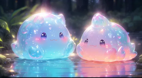 (close shot, super cute slime,reflecting light,colorful bubbles,magical forest),(ultra-detailed,best quality),soft lighting, fantasy style, vibrant colors,sakura slime,autumn slime,winter slime, pink slime,