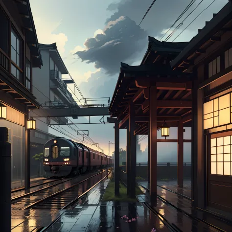 japanese train station, (no one: 1), japan, modern japanese architecture, best quality, japanese signs, anime, anime style, lofi...