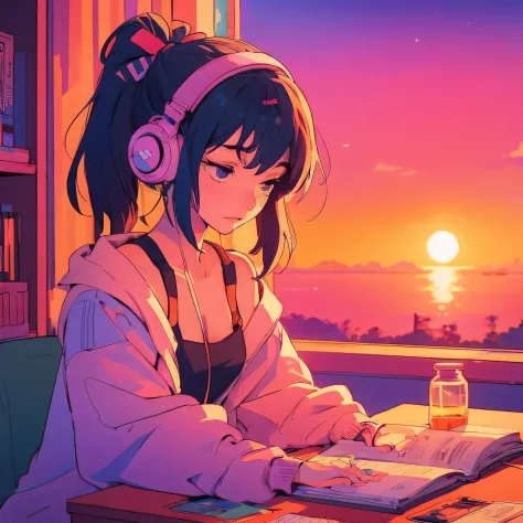 Pretty Anime Girl Lofi Alone, sentado en una mesa con auriculares, puesta del sol, , un libro, Chica Lofi, Arte Lofi, Null Art Style, Lofi Sensation, Retrato de Lofi, Colores Lofi, nulo, Arte lo-fi, Vibraciones Lofi , Ambiente Lofi, Lofi hip hop, Satoshi C...