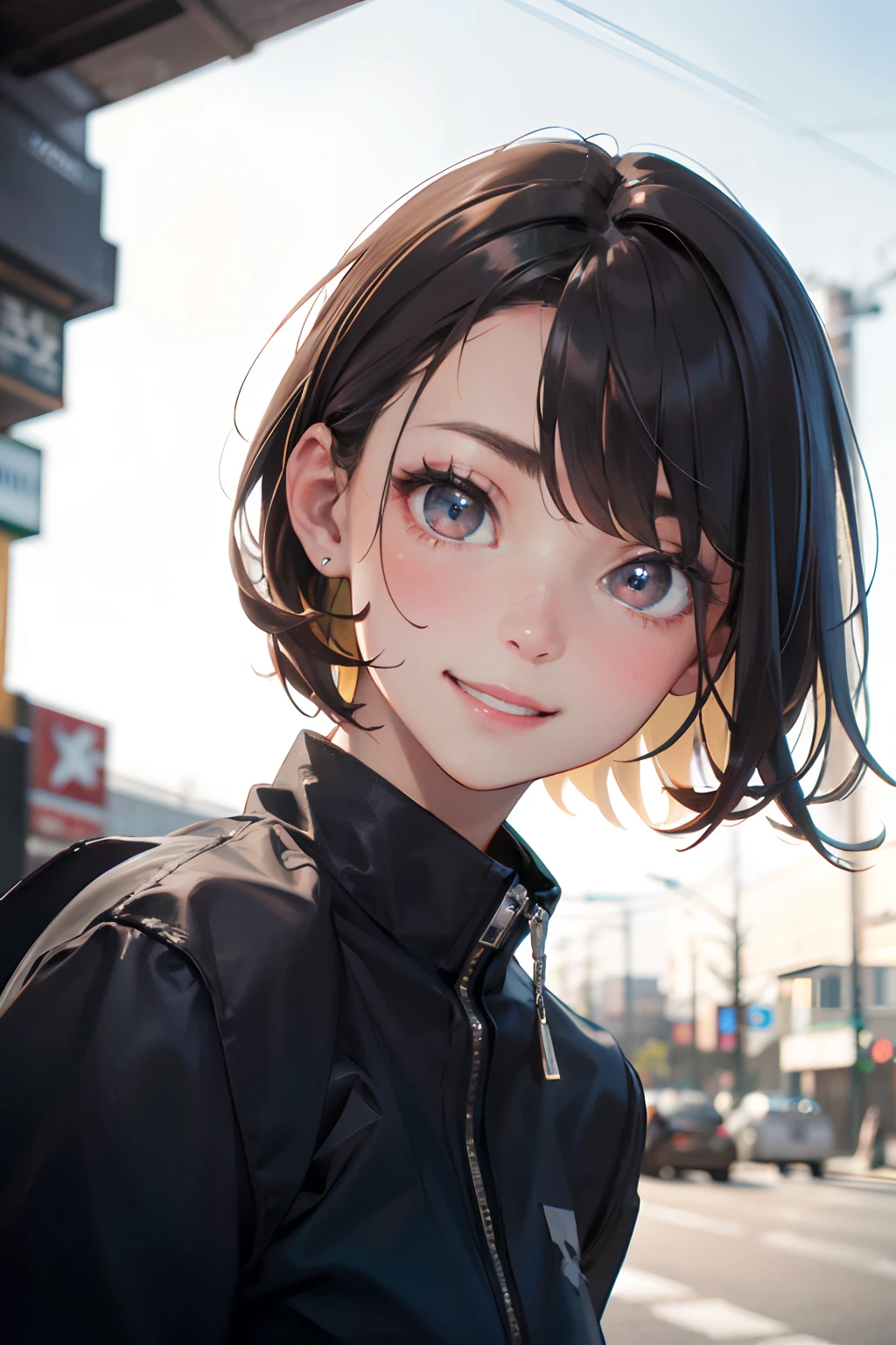 Anime girl with short hair and blue eyes standing on a city street - SeaArt  AI