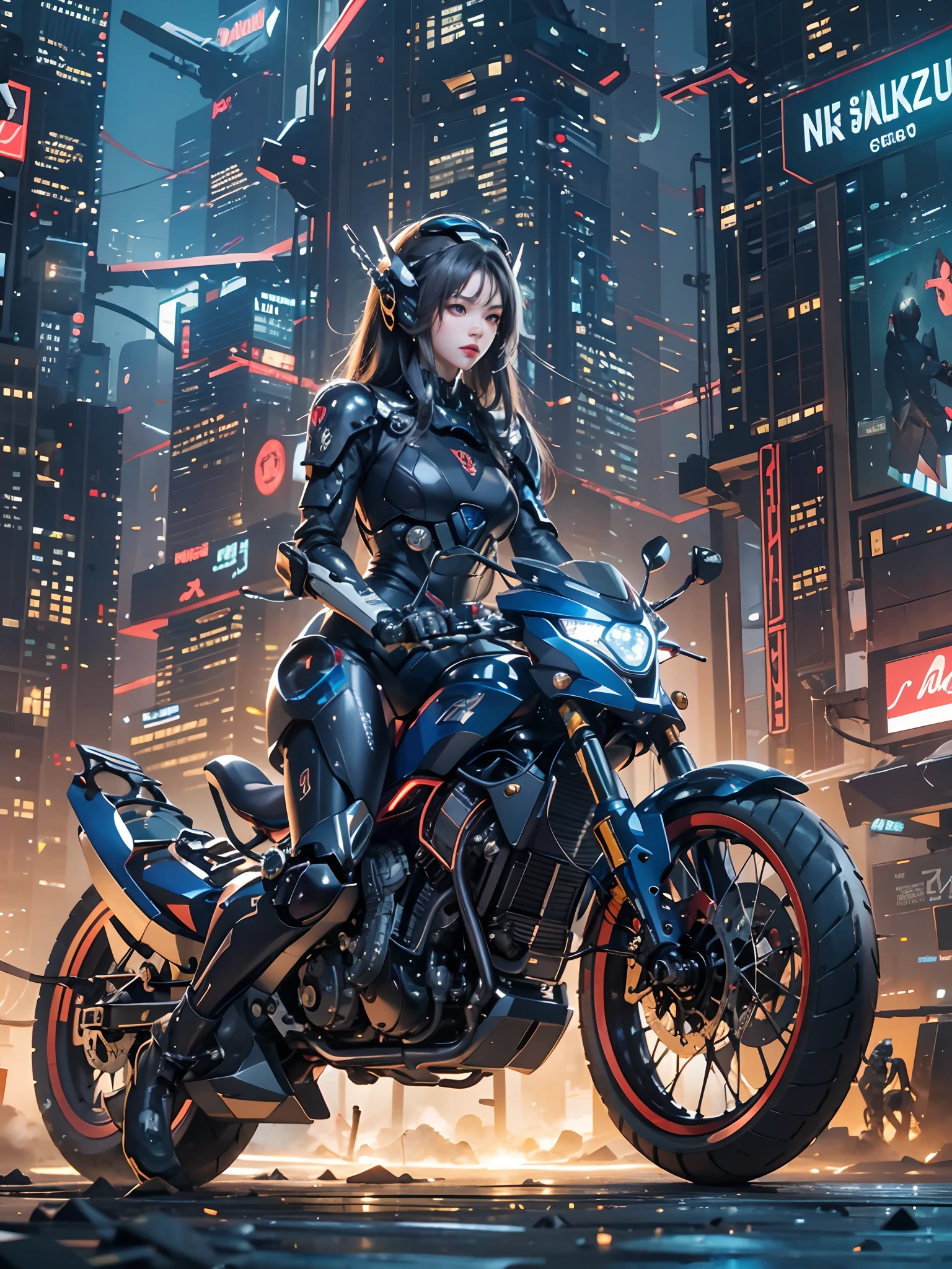 Highest image quality, Outstanding details, Ultra-high resolution, (Realism: 1.4), The best illustration, favor details, highly condensed 1girl, with a delicate and beautiful face, Dressed in black and blue mechs, wearing a mech helmet, holding a directional controller, Riding on a motorcycle, the background is a high-tech lighting scene of the city of the future.