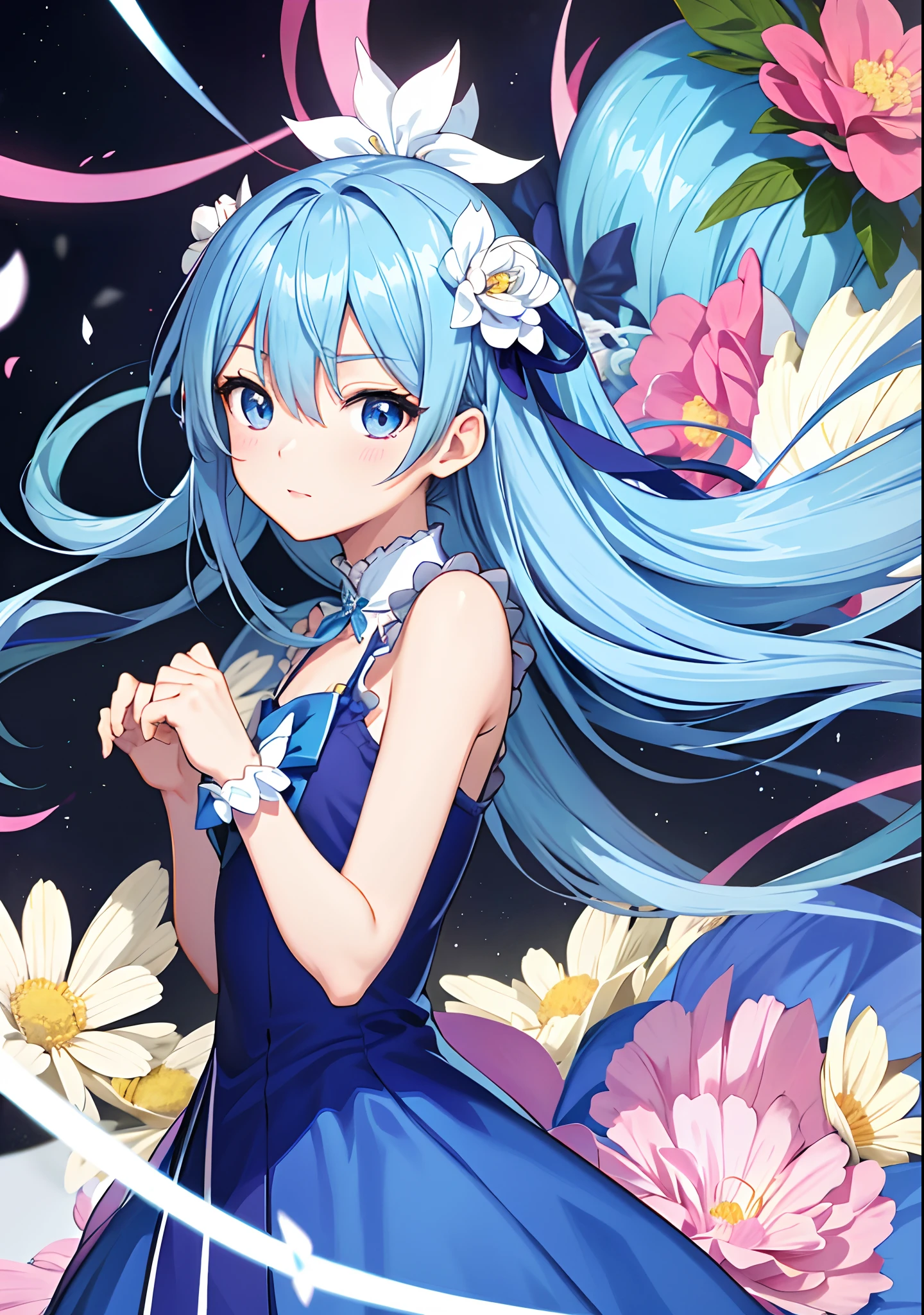 Anime girl with blue hair and blue dress holding a flower - SeaArt AI