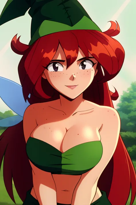 Invincible, masterpiece, best quality, 1girl, solo, betilla,fairy, black eyes, red hair, long hair, freckles, large breast, cleavage, green dress, green hat, wings, smile, tube top,masterpiece, best quality:1.2), upper body, 1girl, masterpiece, best qualit...