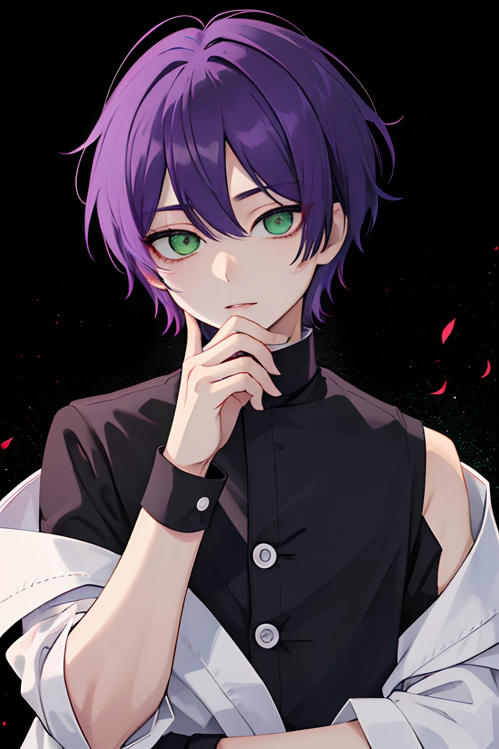 a moon, top-quality, detaileds, ​masterpiece, kaneki ken, 1 juvenile, Male Focus, 独奏, Beautiful green eyes, Black background, bangss, Green eyes, Jade Eyes, shorth hair, The shirt, raise two hands, Dark purple hair, shirt with collar, Black shirt, Beautiful lips, looking at viewert, The upper part of the body, tusk, High class, 8K, detaileds, Ray traching, depth of fields, 电影灯光, glamor、male people、ember、Male child、beautiful male、Beautiful purple hair、Crazily cool