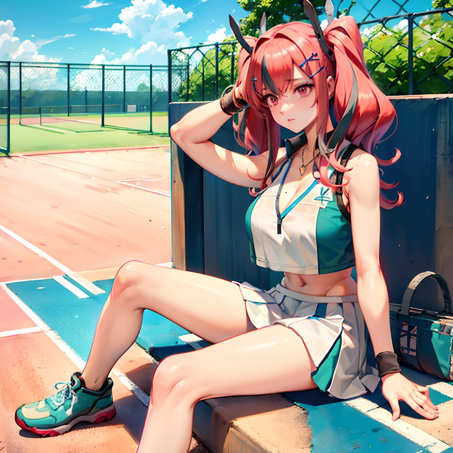 a woman sitting on a tennis court holding a racquet, long hair, breasts, skirt, large breasts, shirt, hair ornament, bare shoulders, twintails, pink hair, heart, multicolored hair, outdoors, shoes, sleeveless, hairclip, pink eyes, necklace, bag, official alternate costume, streaked hair, crop top, sleeveless shirt, bottle, x hair ornament, sneakers, ball, sportswear, fence, crop top overhang, water bottle, chain-link fence, heart necklace, two-tone shirt, two-tone skirt, tennis uniform, racket, tennis racket, tennis ball, manjuu (azur lane), bremerton (azur lane), bremerton (scorching-hot training) (azur lane), (looking at viewers