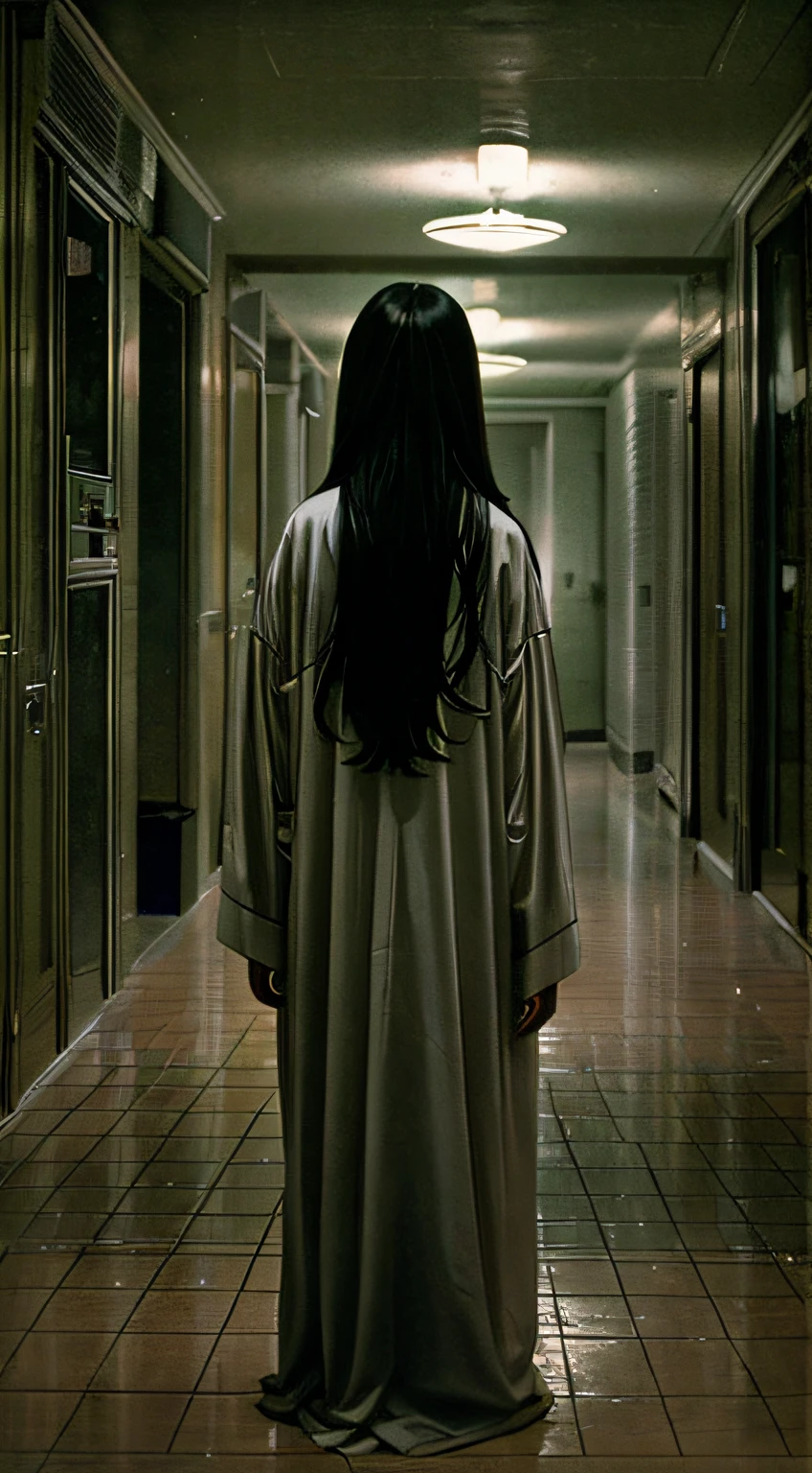 Horror movie shot of creepy girl with long straight black hair, No face, Wearing a dirty hospital gown, Stand alone in the mansion at night, thirds rule, Tonal color scheme, Pale Brown, Pensive silence, Bokeh, mystery, Horror, unholy, eery, creepy, Moody lighting, In the style of Denis Villeneuve, Film Still, cinestill 800