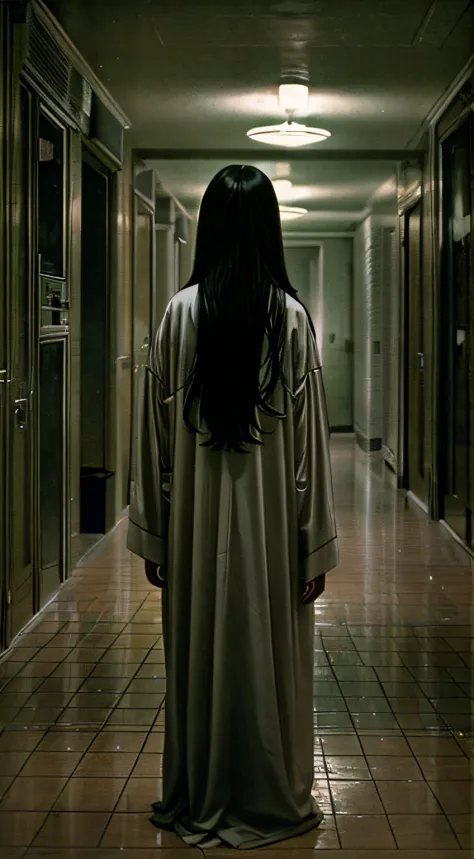 Horror movie shot of creepy girl with long straight black hair, No face, Wearing a dirty hospital gown, Stand alone in the mansi...