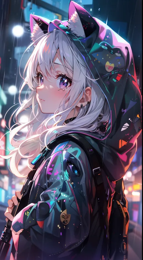 Anime girl with cat ears and hoodie in the rain, anime style 4 k, anime vibes, anime wallpaper 4 k, anime art wallpaper 4k, anime wallpaper 4k, anime art wallpaper 4k, nightcore, cyberpunk anime girl in hoodie, Anime style. 8K, 4k anime wallpaper, Beautifu...