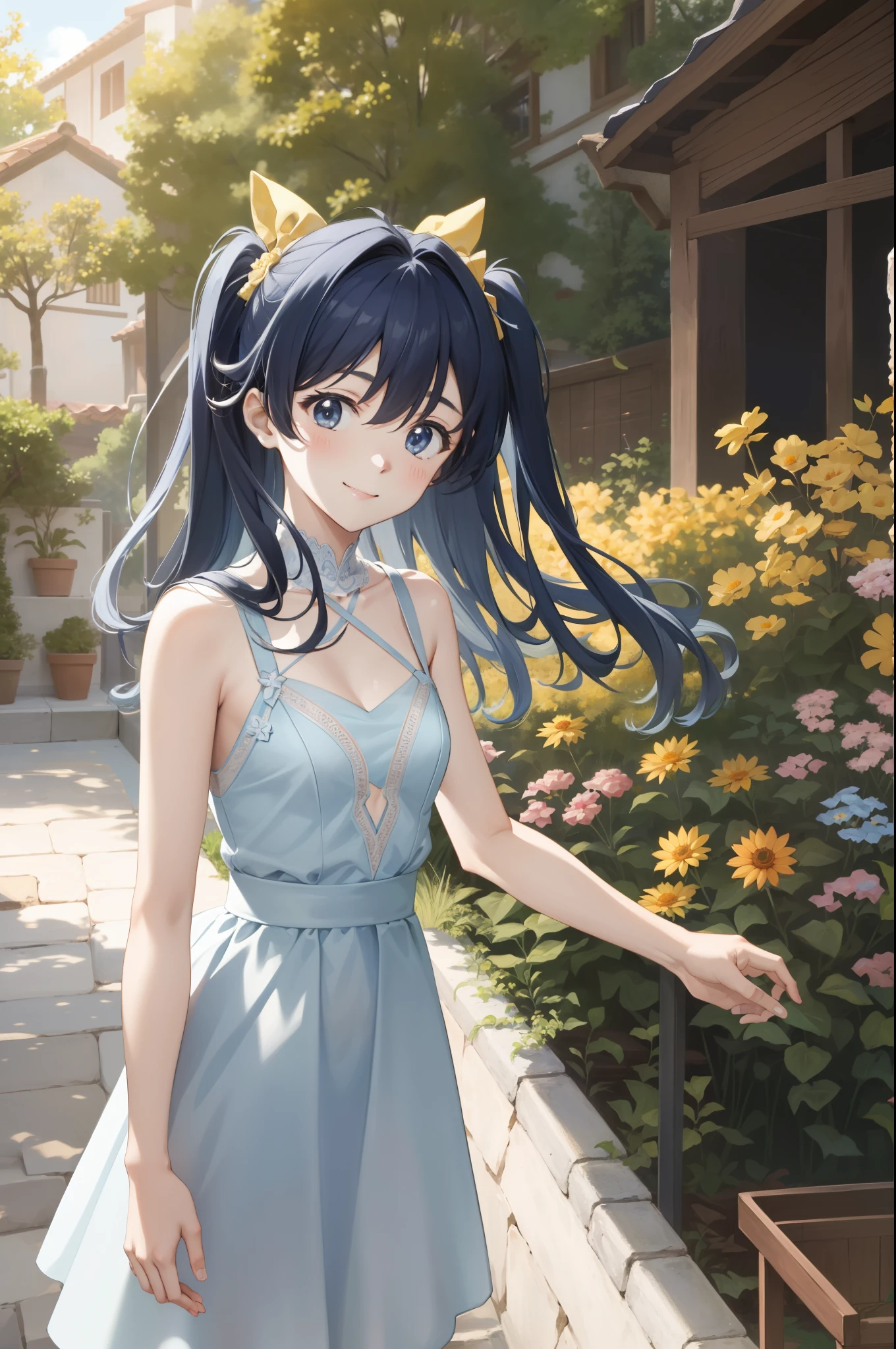 ​masterpiece, top-quality, absurderes, perfect anatomia, 1girl in, solo, 390, Twin-tailed, Light blue long hair, yellow sundress, garden, day, rays of sunshine, adorable smiling, facing front, Looking at the camera