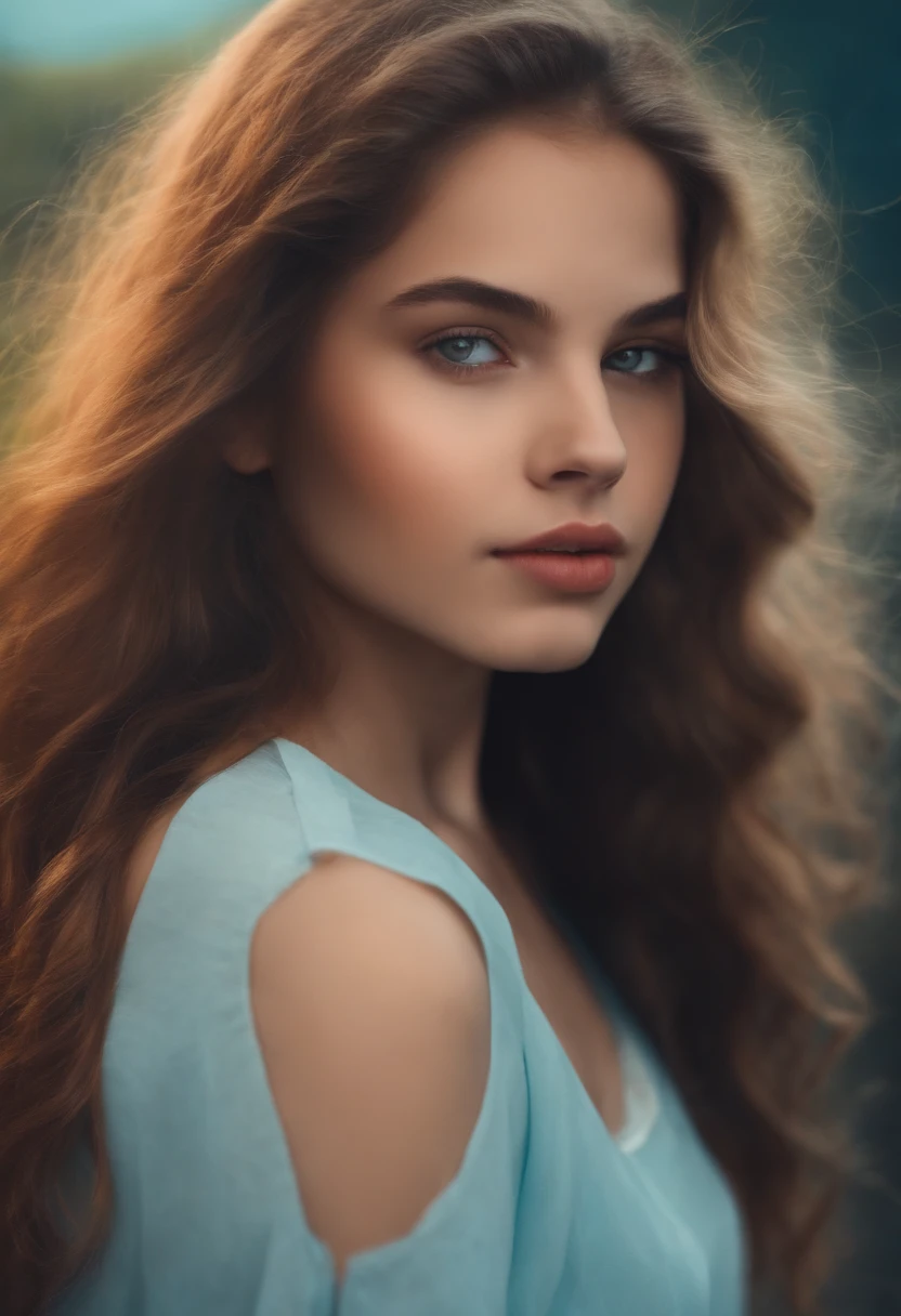 A woman with long hair and blue dress posing for a picture - SeaArt AI