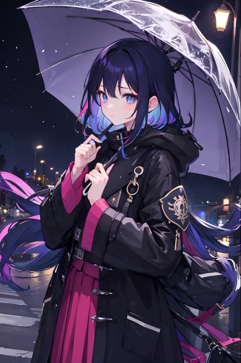 one girls、Night city、streetlights、Sateen、coat、hands in the pocket、irridescent、Super colorful、Black-based color scheme、Wistful expression、put up an umbrella