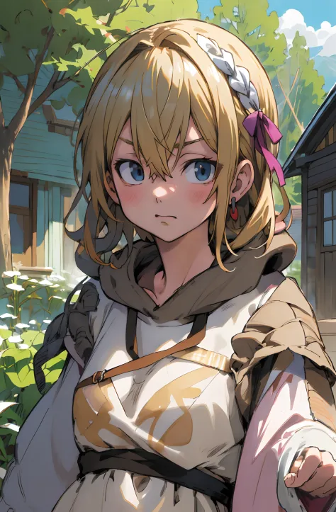 (masutepiece, Best Quality, Ultra-detailed, Illustration), Beautiful face, Blonde hair, Perfect body, 1girl in, Solo, Hoodies and camisoles, shairband, Hair Ribbon, Dress, lanyard, vila, Old houses, Outdoors, hawke, legends