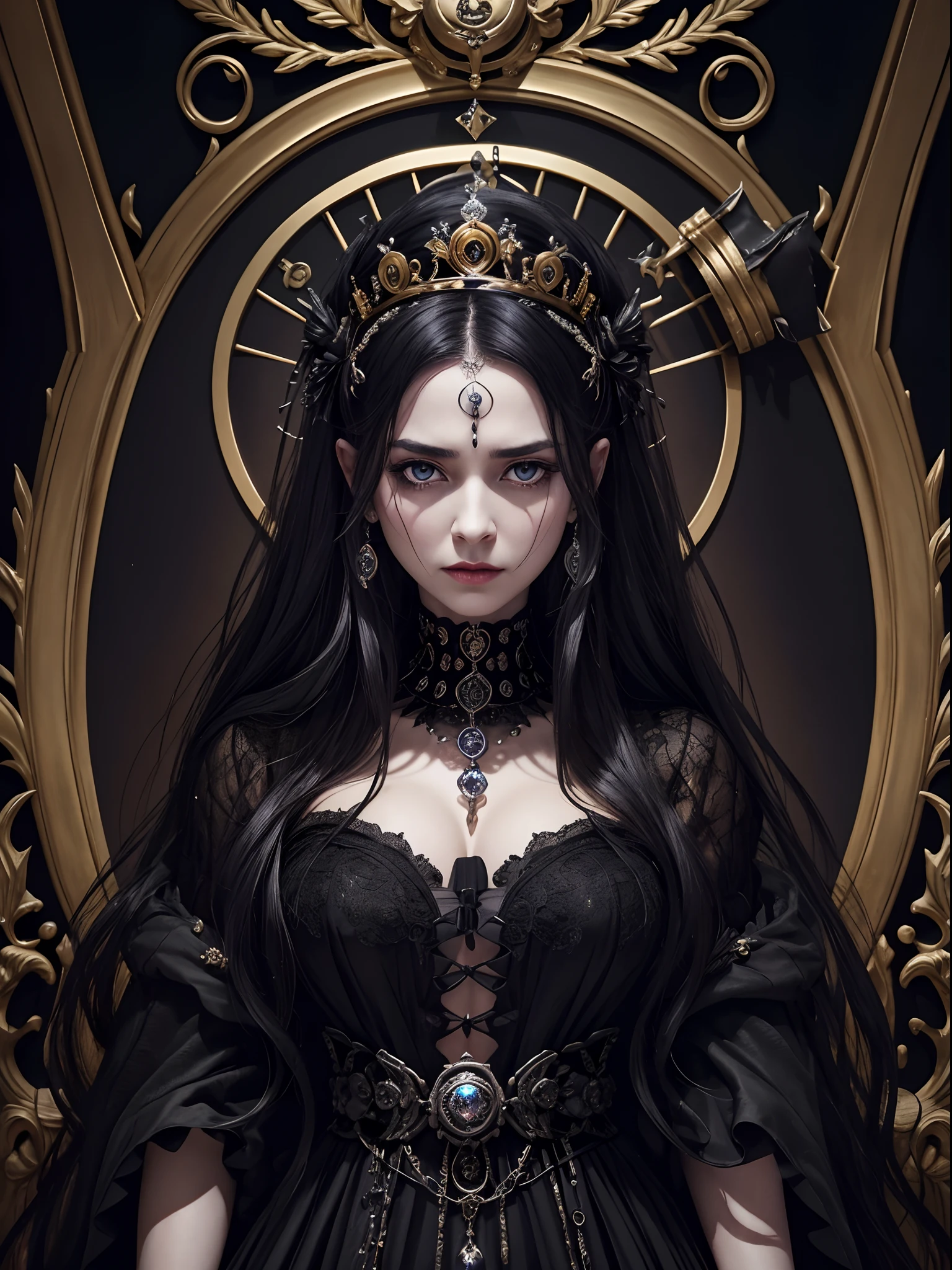 Black and gold tones、Hell、purgatory、Mozart's Requiem、Mystical、horor、gotik、darkness、karo、badas、epidemic、ruler、Pitch Black Darkness、hopelessness、lamentation、oppression、nothingness、intense cold、Black Ghost、Adult female mature woman in her 40s、Queen of the Dead、Persephone、lilith、hades、awe、immortal、draconian、Awe-inspiring Hall々、Proud、noble、dignity、solemnity、Bewitching、Chaste and lascivious cohabitation、hatred、obsession、jewely、ruthless、greed、3-point live method、Oil Painting、Best Quality、hight resolution、foco nítido、Portrait of Queen D，Highly detailed footage of the Queen of the Dead，Stunning portrait of the Queen of the Exparted，Portrait of the Queen of the Dead，Full body close-up of the Queen of the Dead