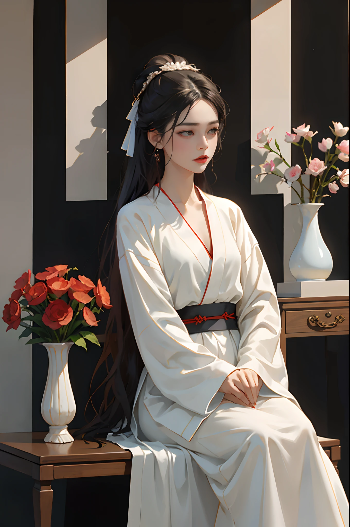 Il y a une femme assise sur une table avec un vase, peau blanche, yeux mélancoliques, un palais, une fille en hanfu, belle peinture de figurines, Hanfu blanc, Hanfu, accessoires pour cheveux, , regarder le spectateur, lèvres rouges, jupe, accessoires pour cheveux, colliers, bijoux, cheveux longs, des boucles d&#39;oreilles, bouche fermée, Extravagance