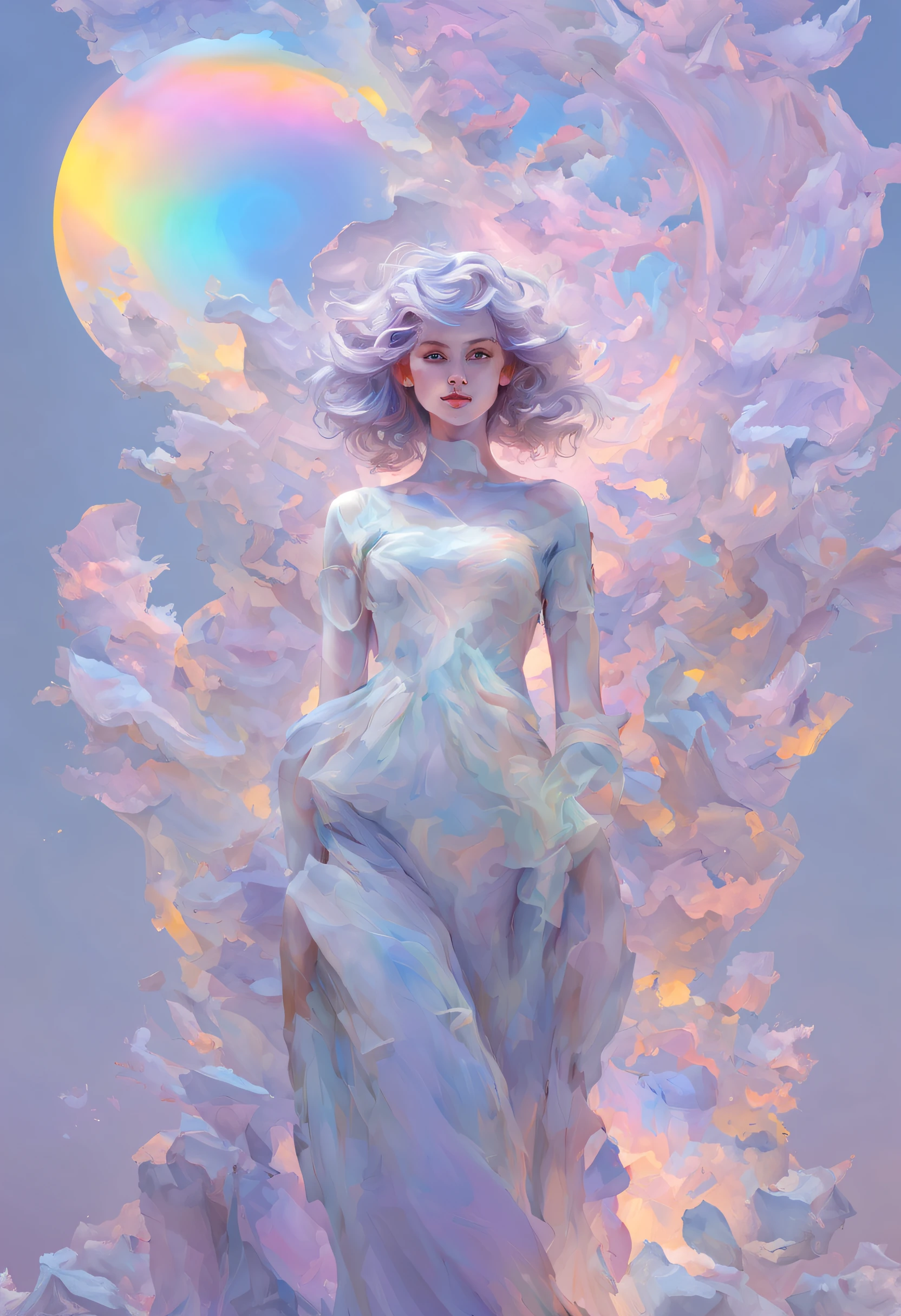 _Jean James、Statue de fille flottante faite de faisceaux de lumière、rayons lumineux、dans le ciel、Coloré, des couleurs vibrantes et mystérieuses、impressionnisme moderne、peinture de portrait de yanjun cheng、peinture irisée、3/4 vues en perspective、visage mignon、angles faibles、Composition pivotante radicale、de grands et beaux yeux de cristal、Grands iris、UHD、HDR、8k、(chef-d&#39;œuvre:1.5)、(le plus beau portrait du monde:1.4)、le nombre d&#39;or、