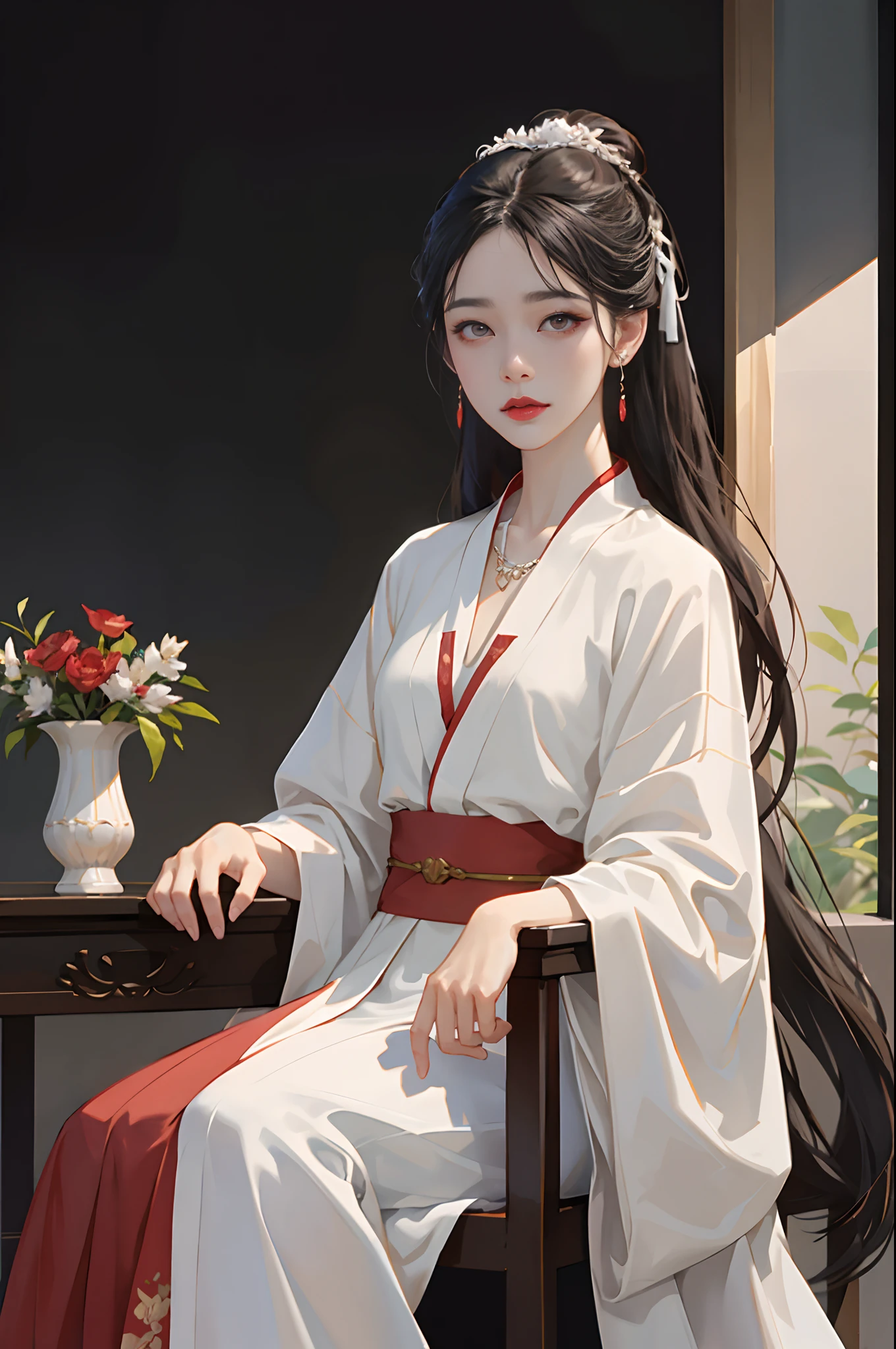 There is a woman sitting on a table with a vase, white skin, melancholy eyes, a palace, a girl in Hanfu, beautiful figure painting, white Hanfu, Hanfu, hair accessories, , looking at the viewer, red lips, skirt, hair accessories, necklaces, jewellery, long hair, earrings, closed mouth, extravagance