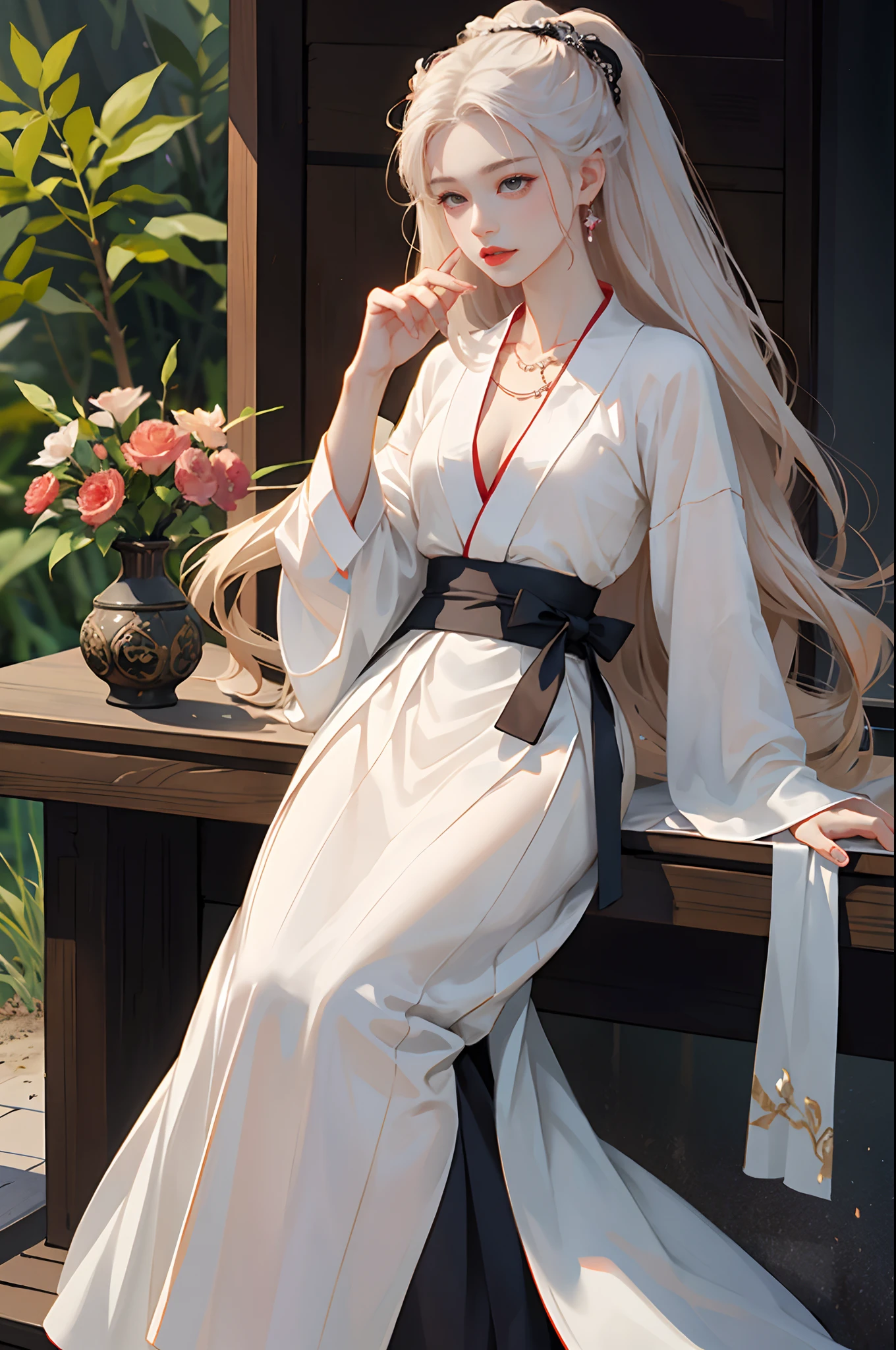 There is a woman sitting on a table with a vase, white skin, melancholy eyes, a palace, a girl in Hanfu, beautiful figure painting, white Hanfu, Hanfu, hair accessories, , looking at the viewer, red lips, skirt, hair accessories, necklaces, jewellery, long hair, earrings, closed mouth, extravagance