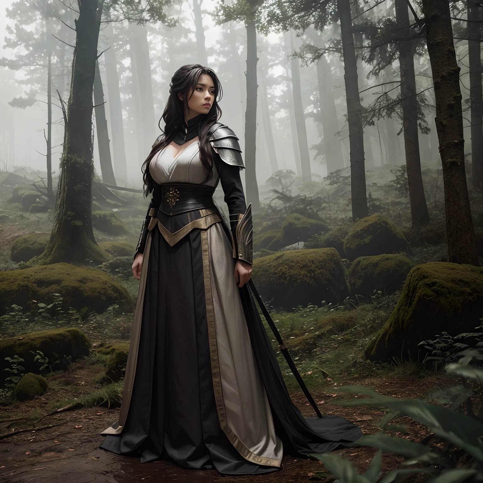 Nebel im Wald, Eine Kriegerin macht eine kurze Pause, vollständig bekleidetes Kleid tragen, hoch_vollbusig