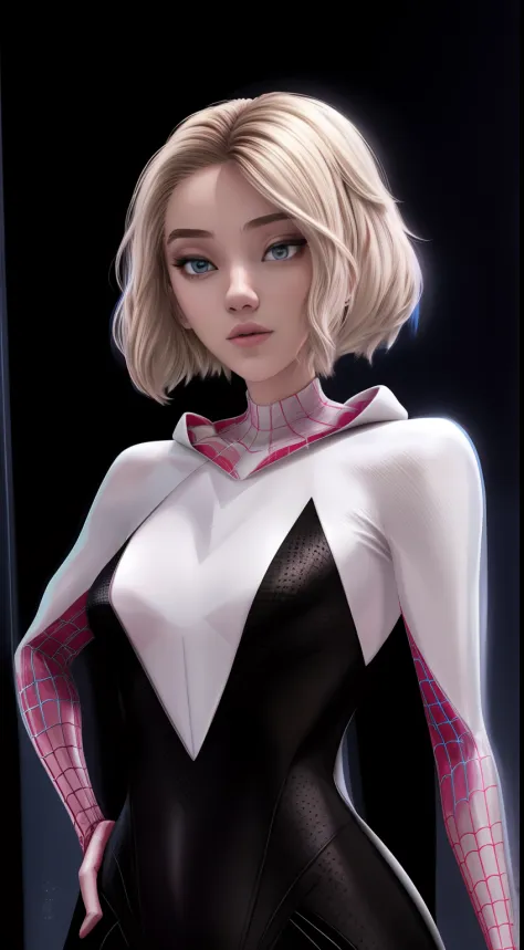 Gwen Stacy in modern long suit Frock coat, modern spider-gwen suit, modern fashion, black long Frock coat fashion, beautiful Gwen stacy, modern long Frock coat instead of spider woman costume, describe in a concise and modern fashion