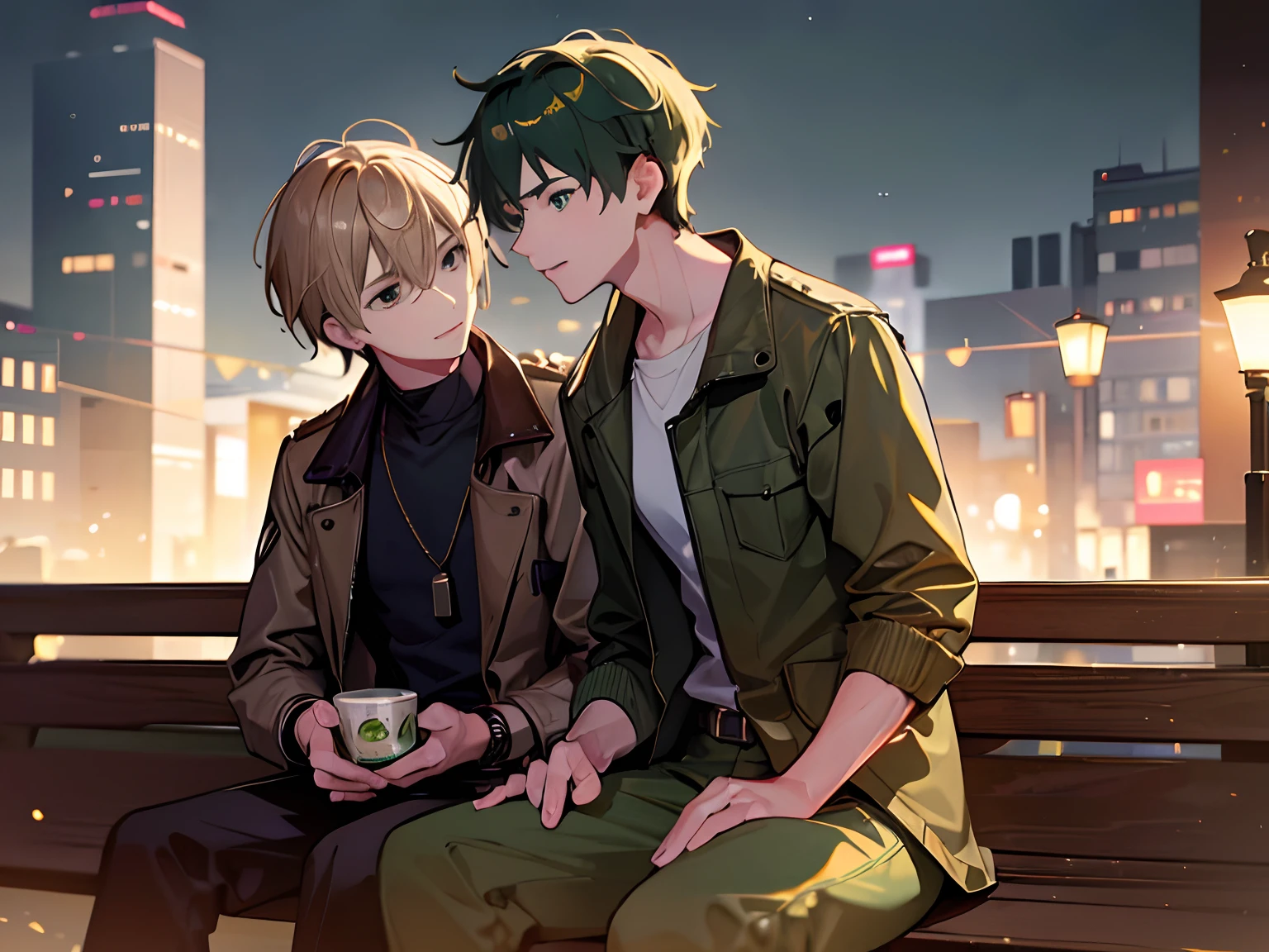 Anime couple sitting on a bench in the city at night - SeaArt AI