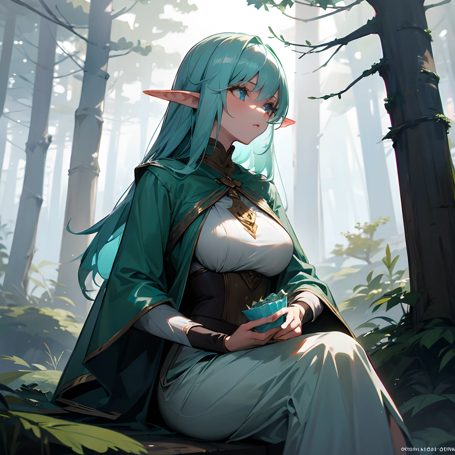 Brume dans les bois, Une elfe femelle prenant un bref répit, porter une robe entièrement habillée, Haut_gros seins