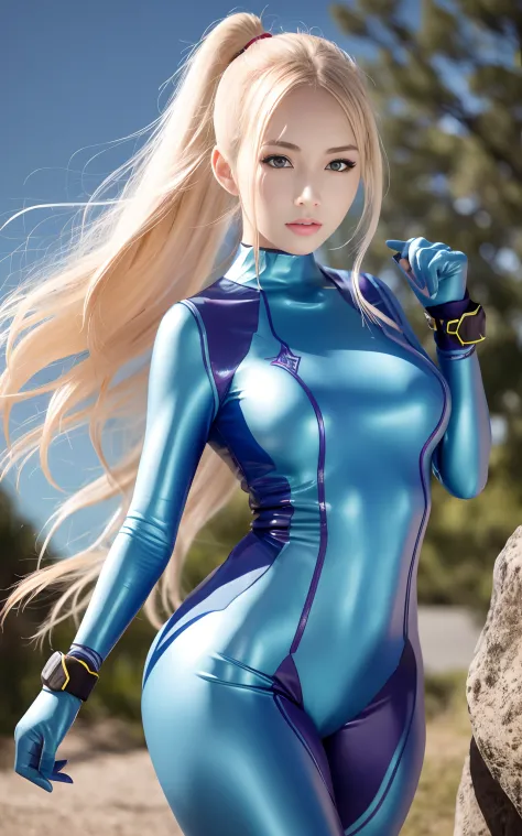 a beauty girl, Shiny Zero suit, Outdoors, Blue eyes, Blonde, Stunning proportions