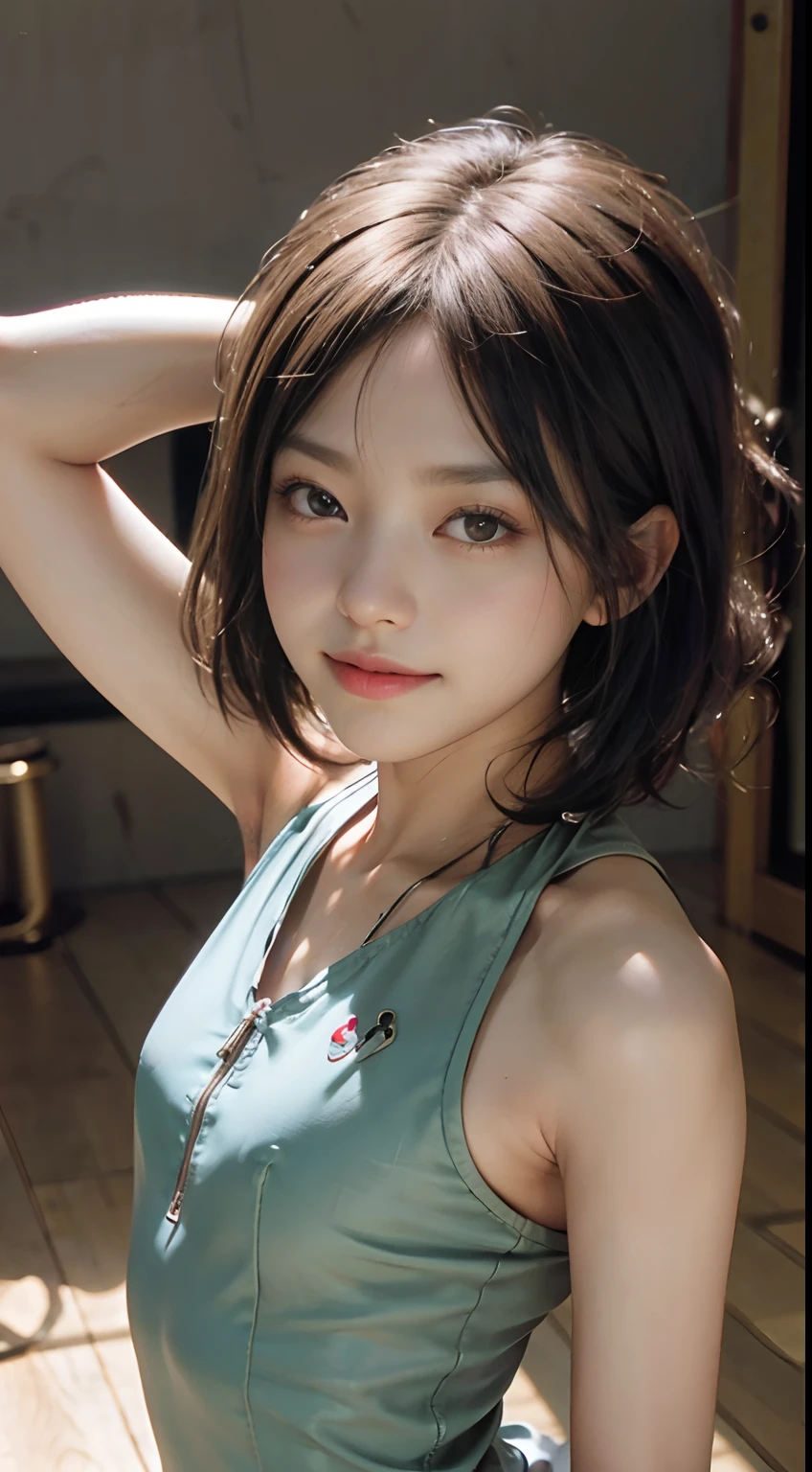 Top image quality、超A high resolution、masutepiece、Photoquality(photographrealistic:1.8)、pores、accuracy、Japan women、17 age、Girl Smile、A dark-haired、Cute dimples、Non-makeup、short cut haixing hair with hairpins、Bobby Ping、Boyish girl、Slender girl、Small breasts like a 、tiny chest、 、Flat-breasted 、Vast gymnasium、high ceilings、Light from the ceiling、[GYMTASTIC、balance beam、Indoor gymnastics arena、Luxury Leotards、Glittering costumes、See-through bodysuit、Red edging、High leg cut、Nipple sheer、 Protruding、camel's toe、Spread your arms、Performance of active gymnastics、laugh face、Have a good laugh、Look straight at me、Overhead view from below、
