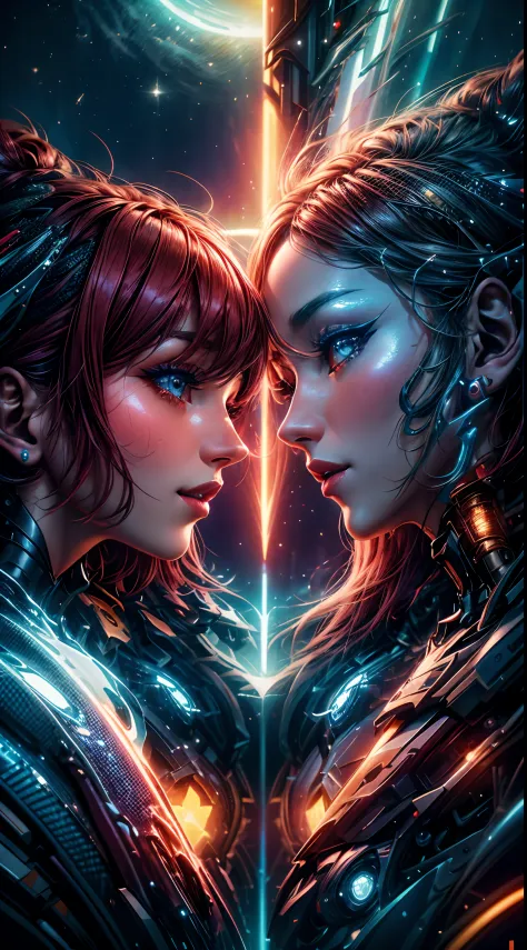 Two women with red hair and blue eyes are facing each other, um de frente para o outro, azul e vermelho, fogo laranja/dualidade ...