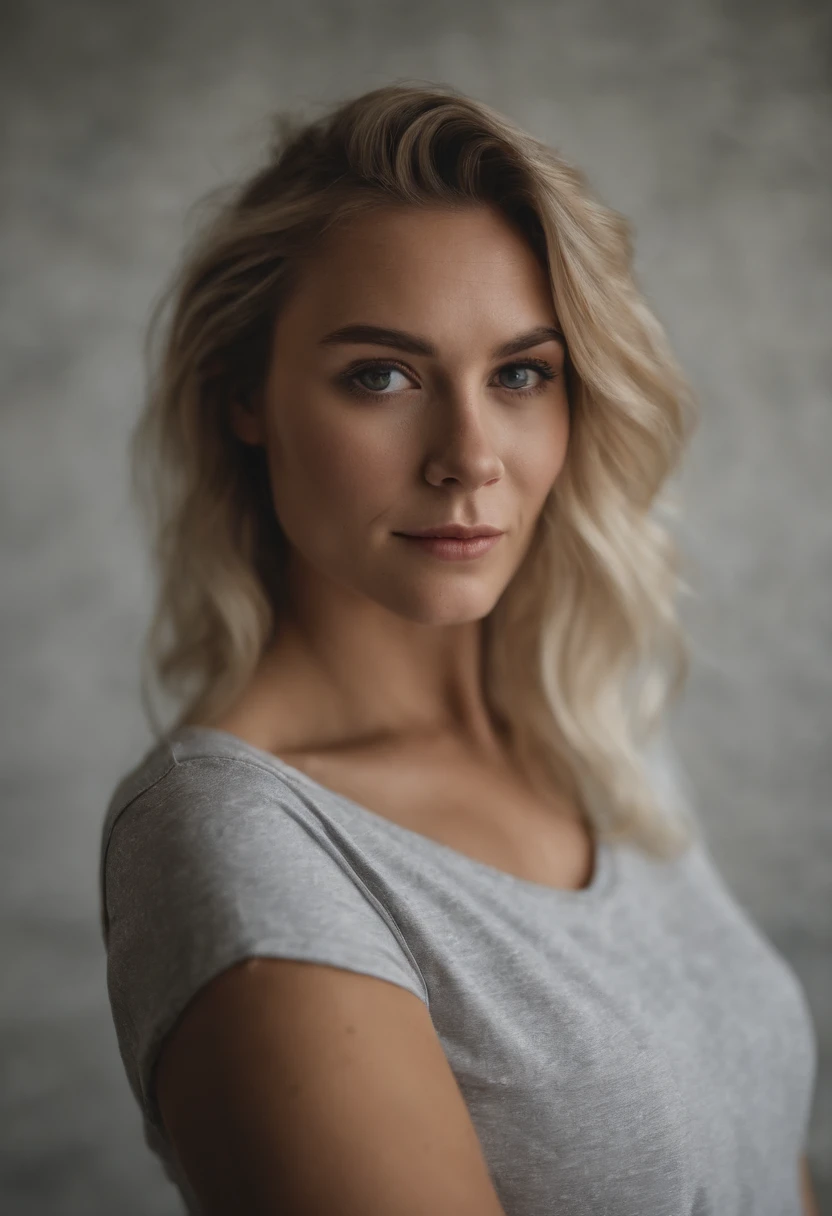 picture of a handsome busty woman wearing an oversized crew neck t-shirt, standing in a high school hallway, ((very short spiky natural blonde hair)), (wearing a backpack), (androgynous handsome face), sad expression, [petite], (handsome face), (droopy boobs), [detailed fabric texture], t-shirt, [warm cinematic lighting]