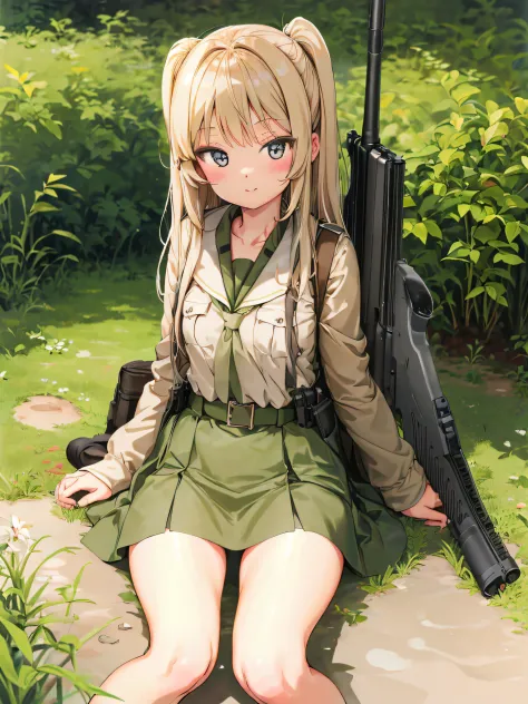 (High resolution:1.1), (absurderes:1.1), Best Quality, Ultra high definition, The highest resolution, Very detailed, Anime, 1girl in, anmi, Cute Girl, Military uniform, Mini skirt, (White panty:1.1), pantyshot, Sit on the ground, Hold your rifle, plein air