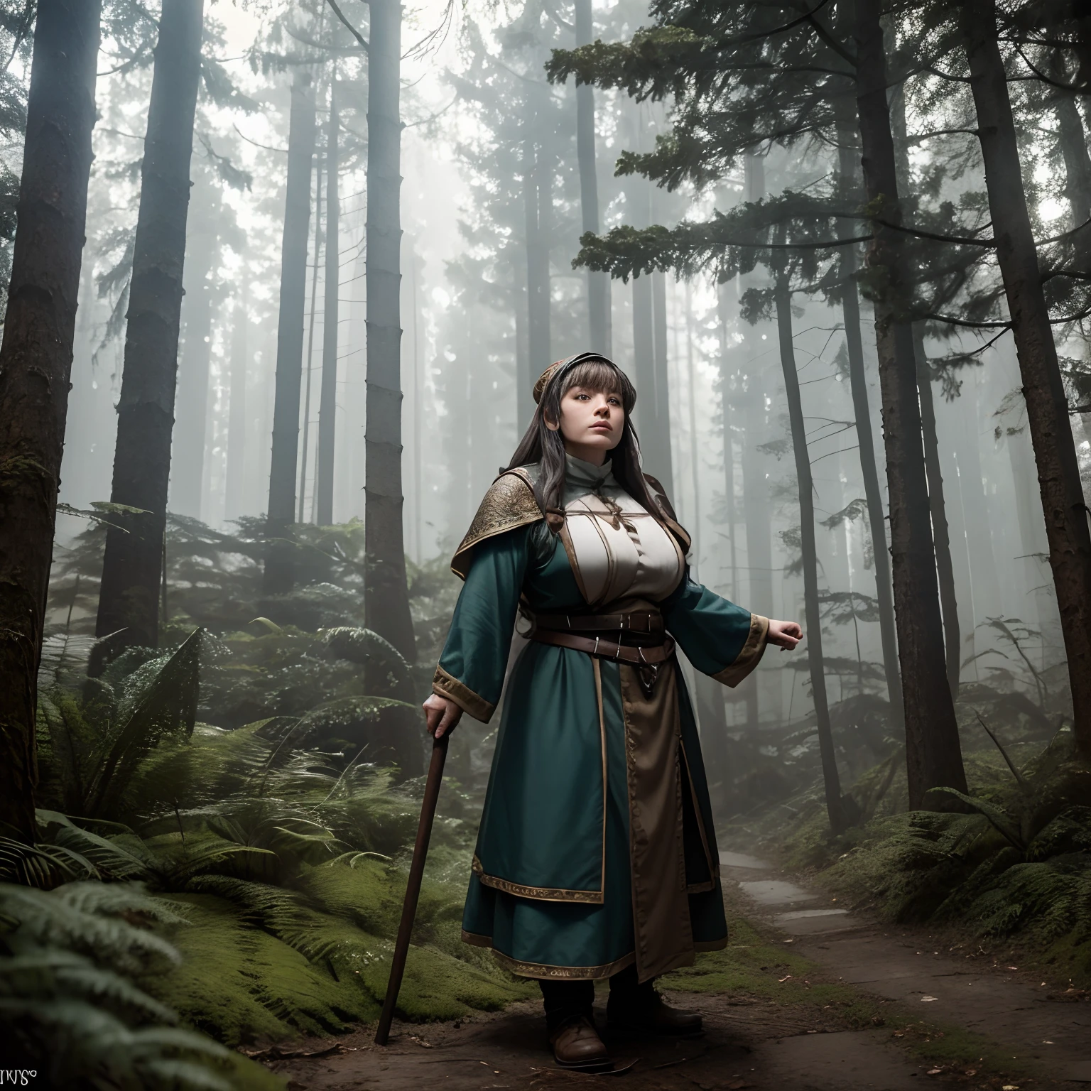樹林中的薄霧, 一名女矮人正在短暂休息, 穿着全套衣服, 高的_豐滿