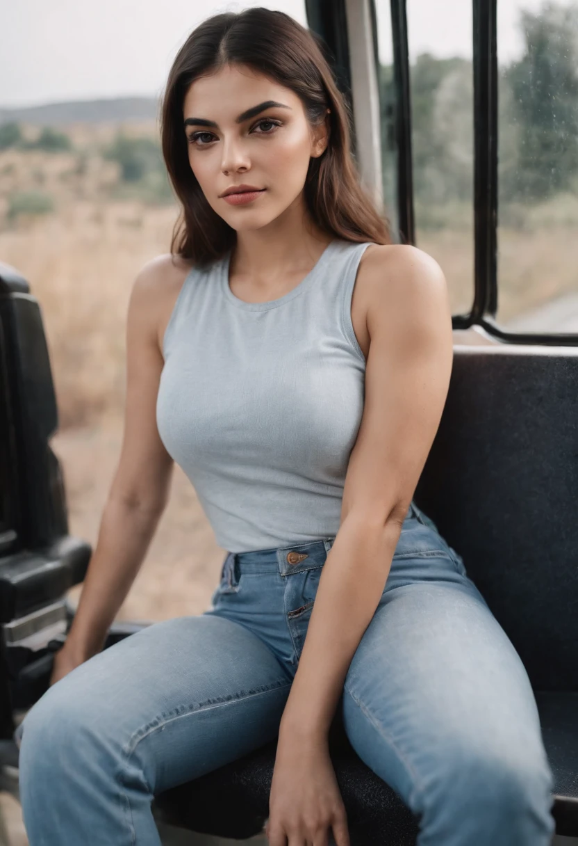 A woman sitting on a bus seat in a blue tank top - SeaArt AI