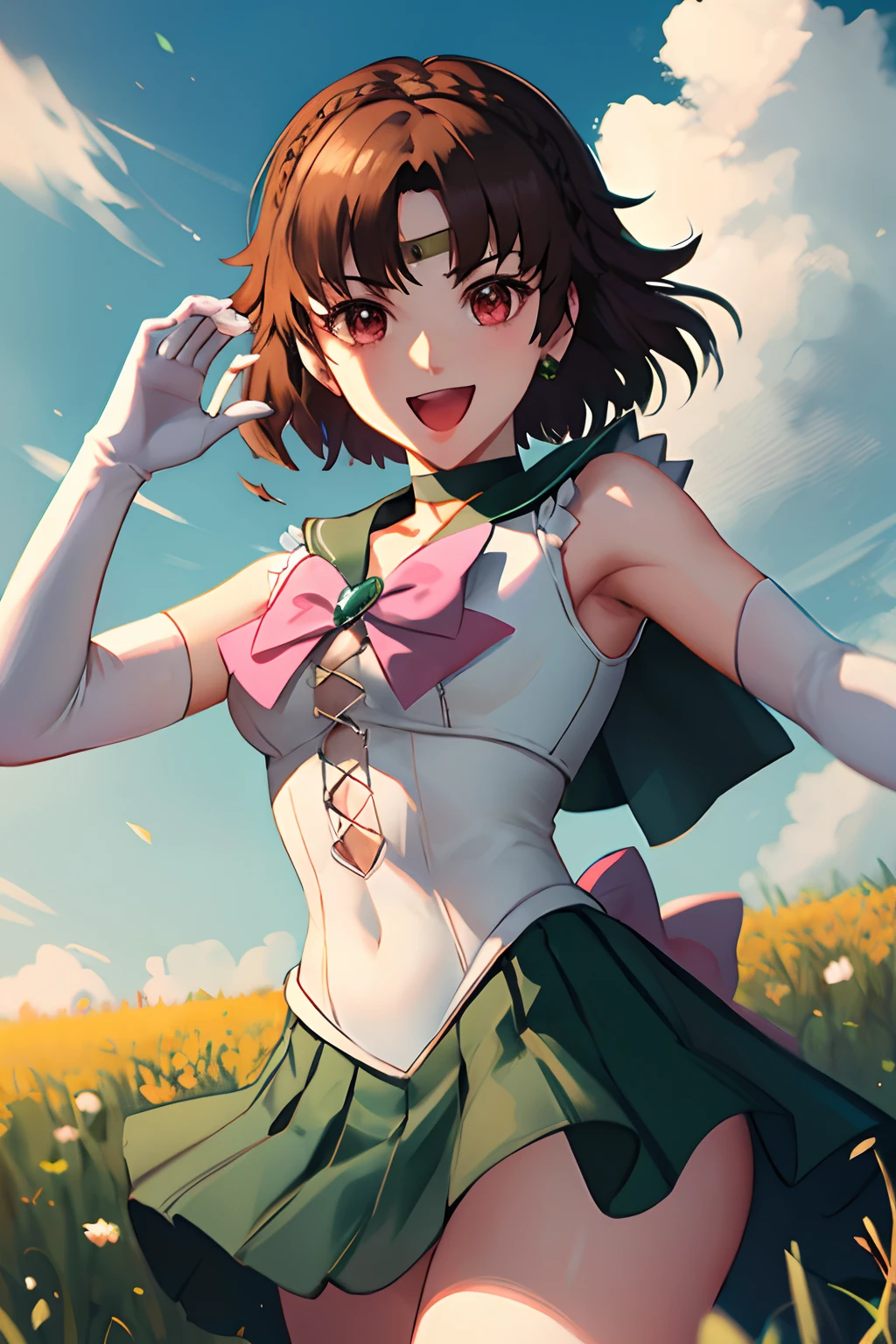 makoto nijima, blunt bangs, braid, brown hair, crown braid, red eyes, tiara, jewelry, sailor senshi uniform, green sailor collar, choker, elbow gloves, white gloves, pink bow, brooch, leotard, green skirt, cowboy shot, standing, field, smile, open mouth, striking a pose